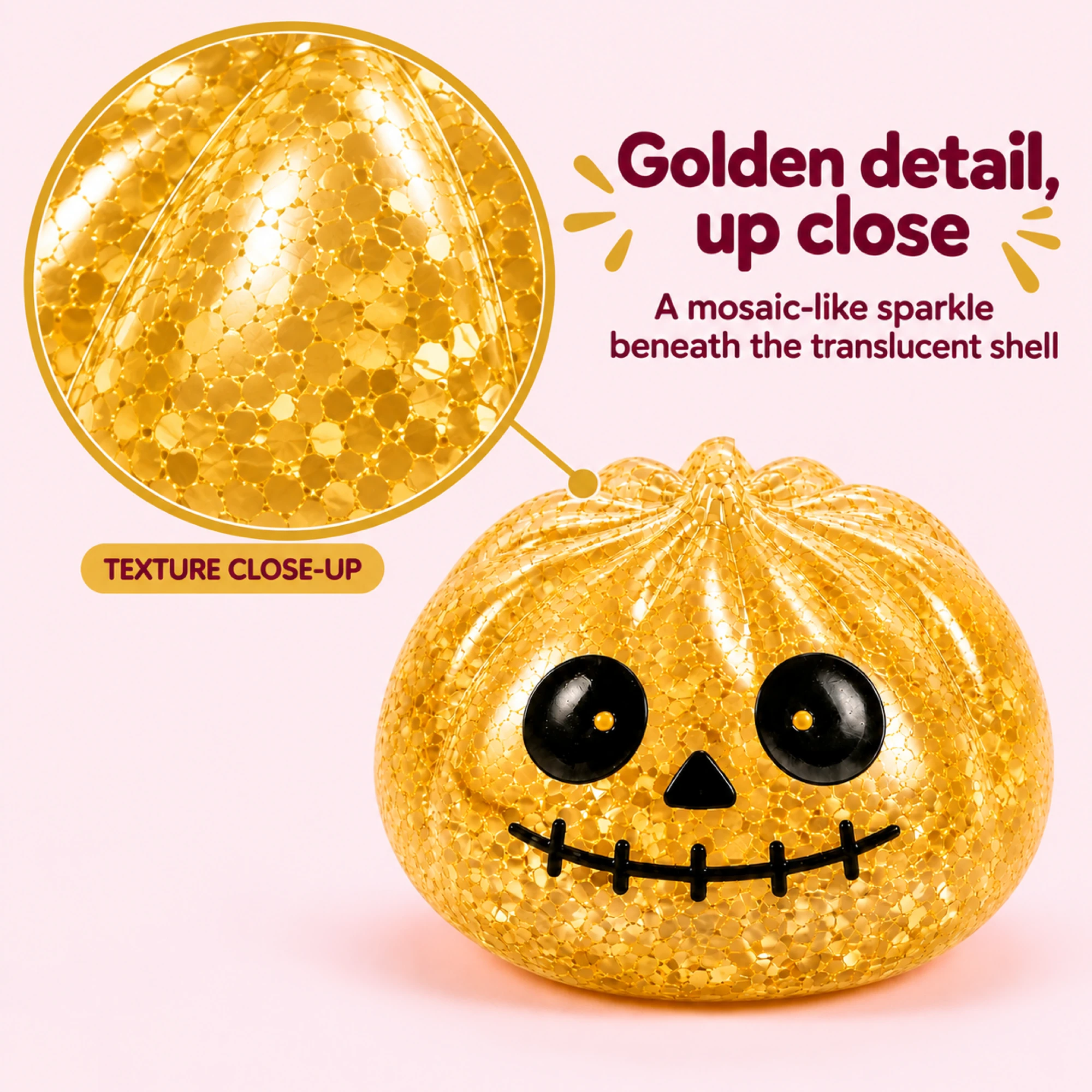Close-up of golden mosaic sparkle through the shell