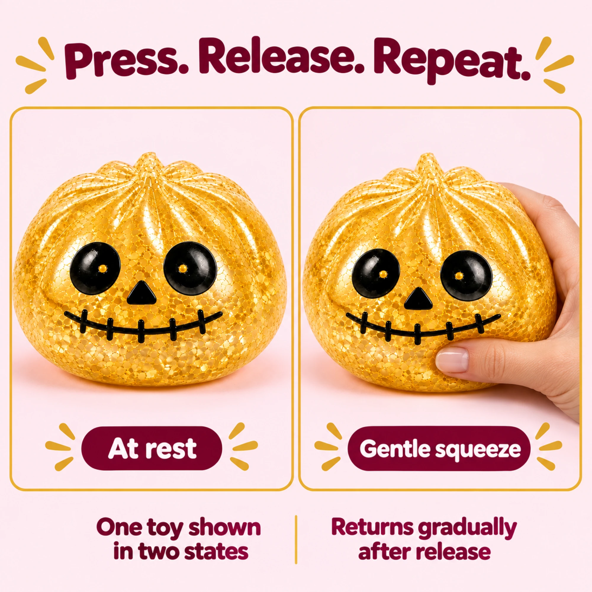 One gold skull pumpkin at rest and gently squeezed
