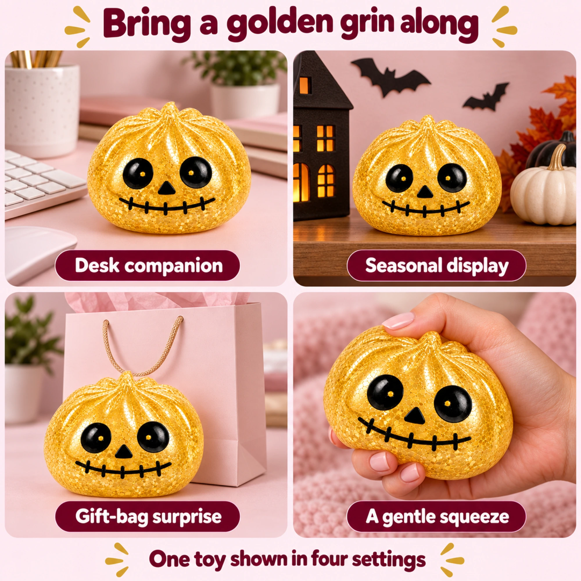 Golden pumpkin squishy in four everyday and Halloween settings