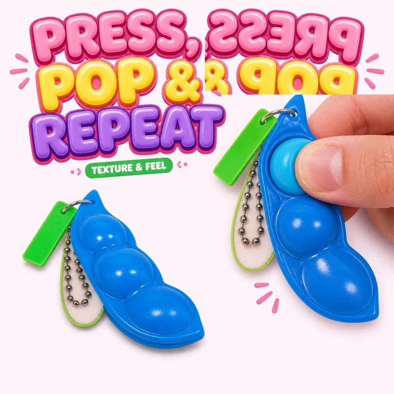 Close-up of pea pod sensory squishy being extruded between thumb and finger