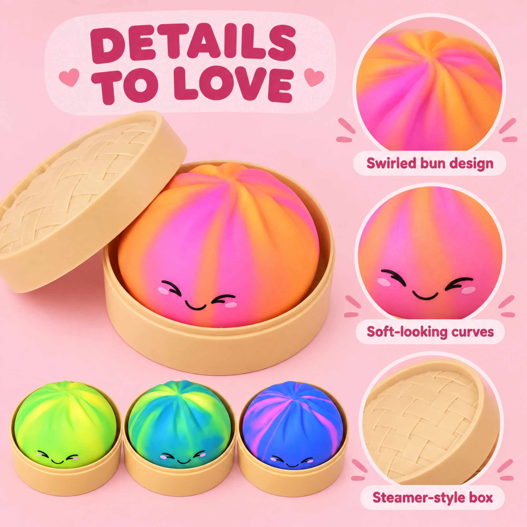 Swirled bun and steamer box details