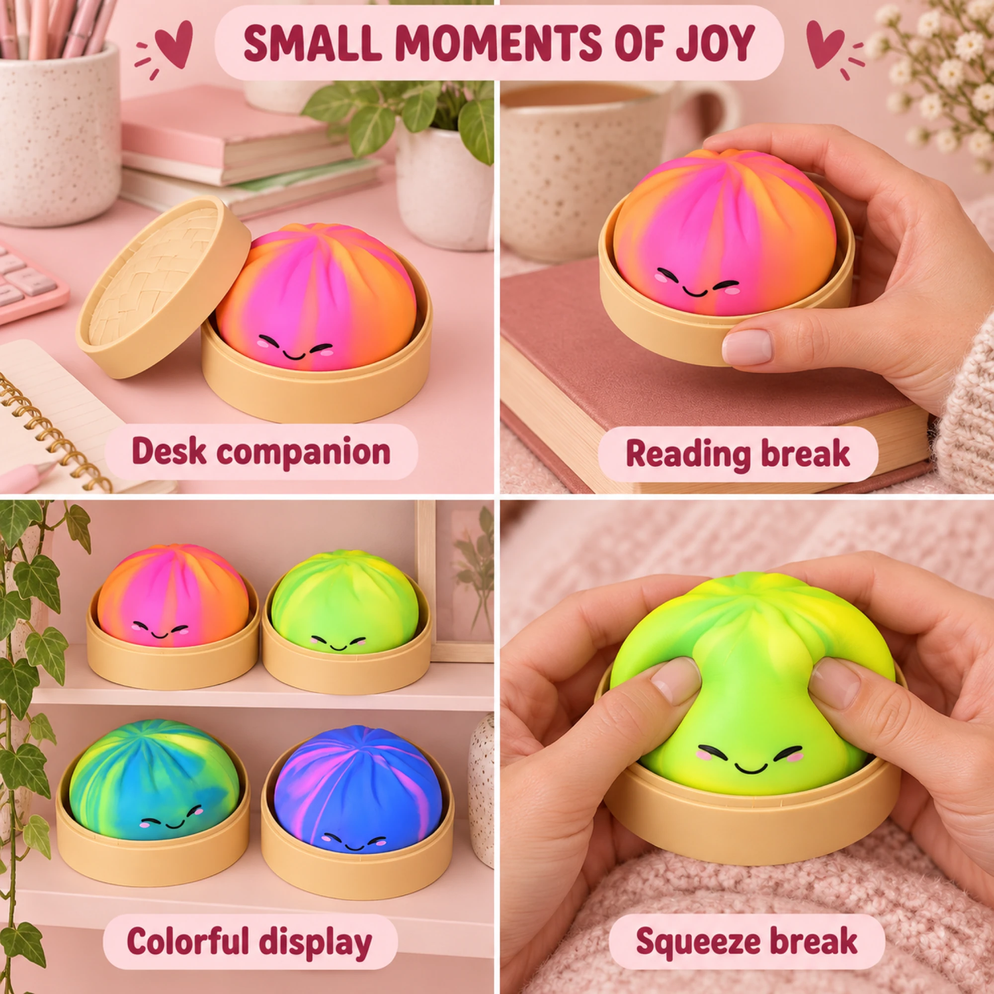 Colorful dumpling toys in everyday settings