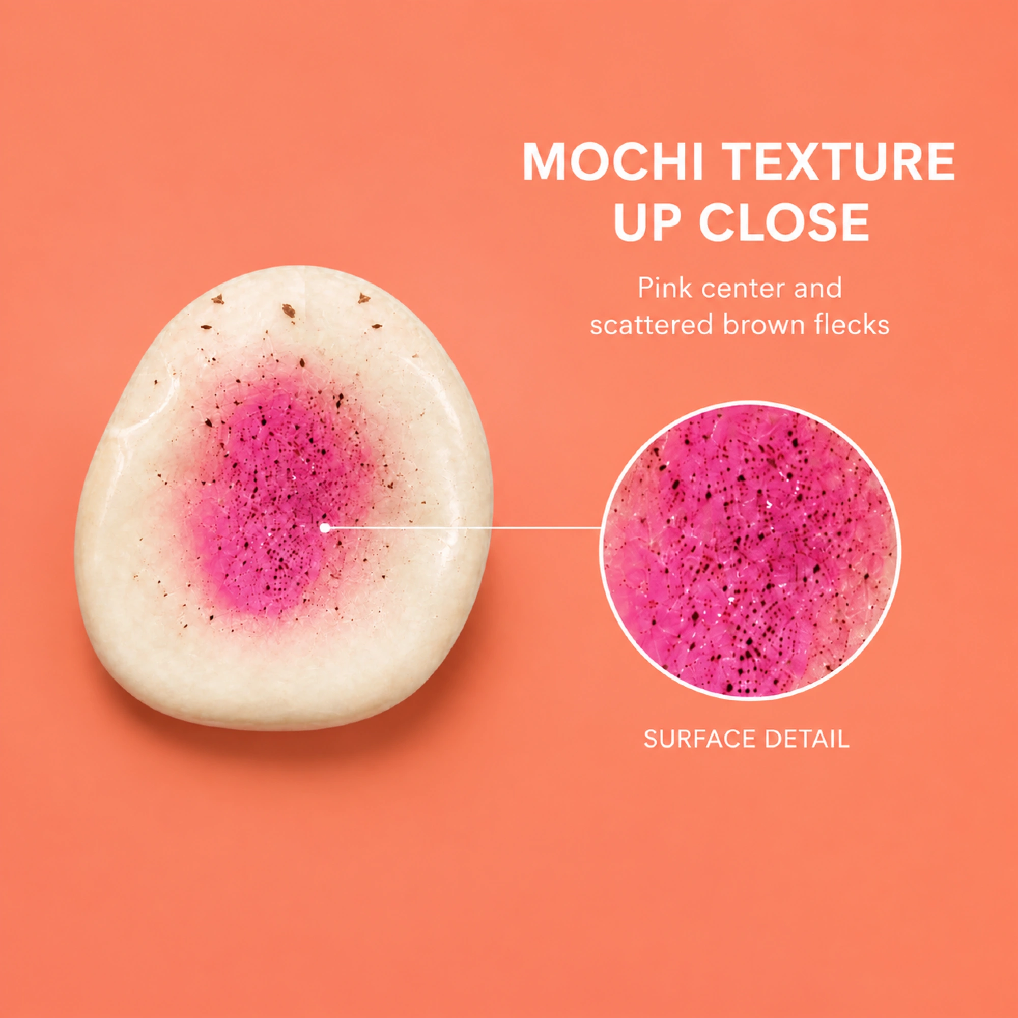 Complete mochi bun with macro detail of the pink speckled surface