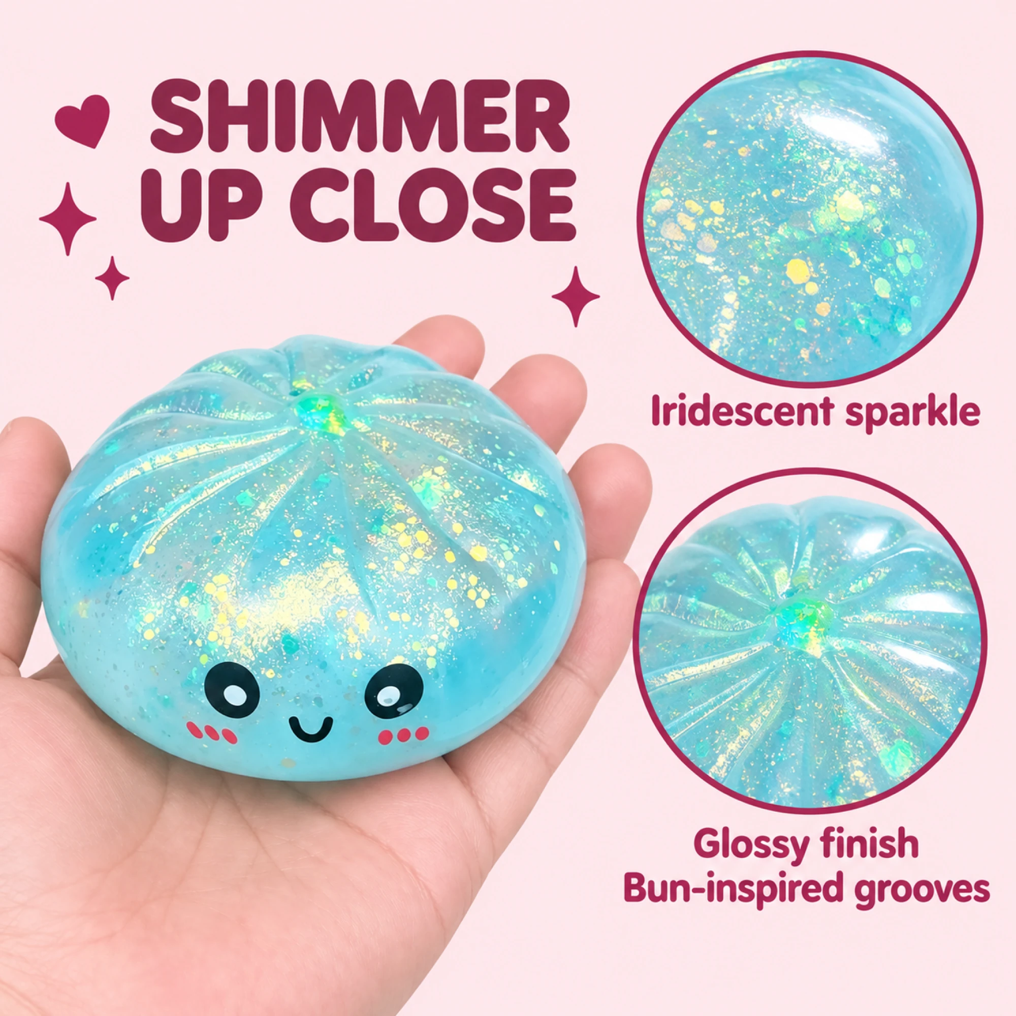 Iridescent glitter and bun grooves close-up