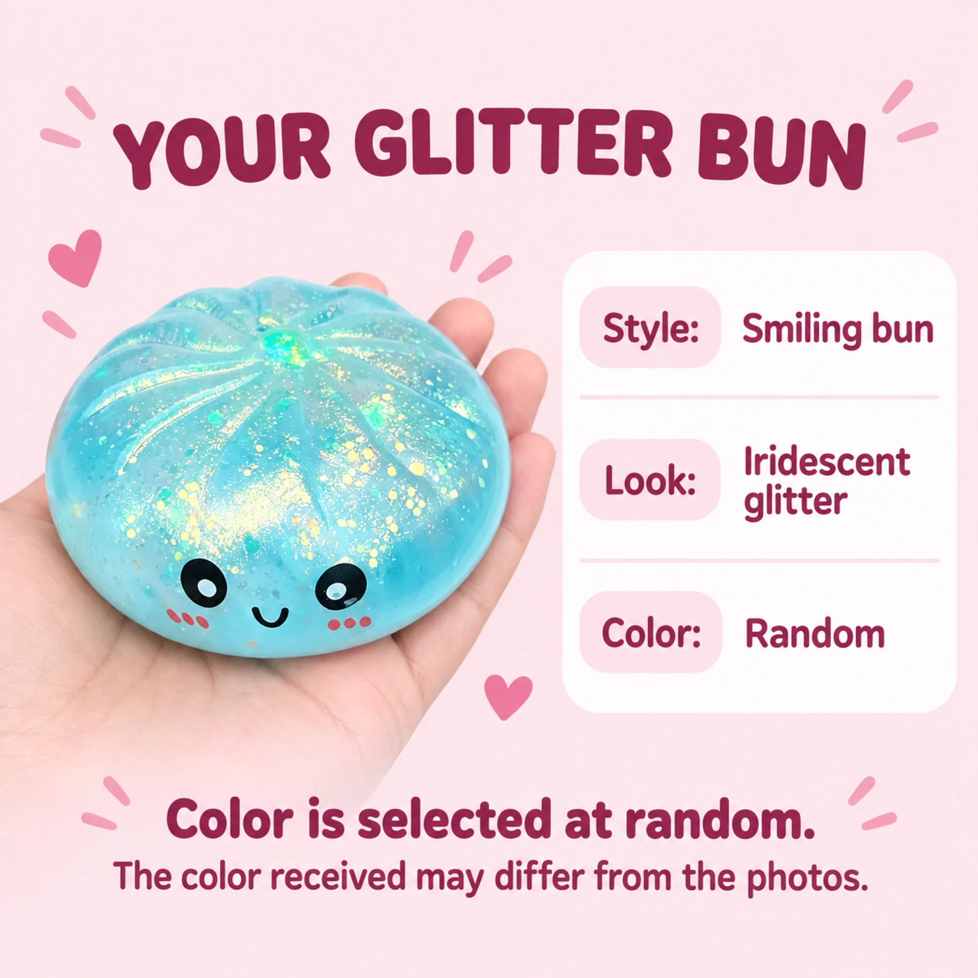 Smiling glitter bun information and random color notice