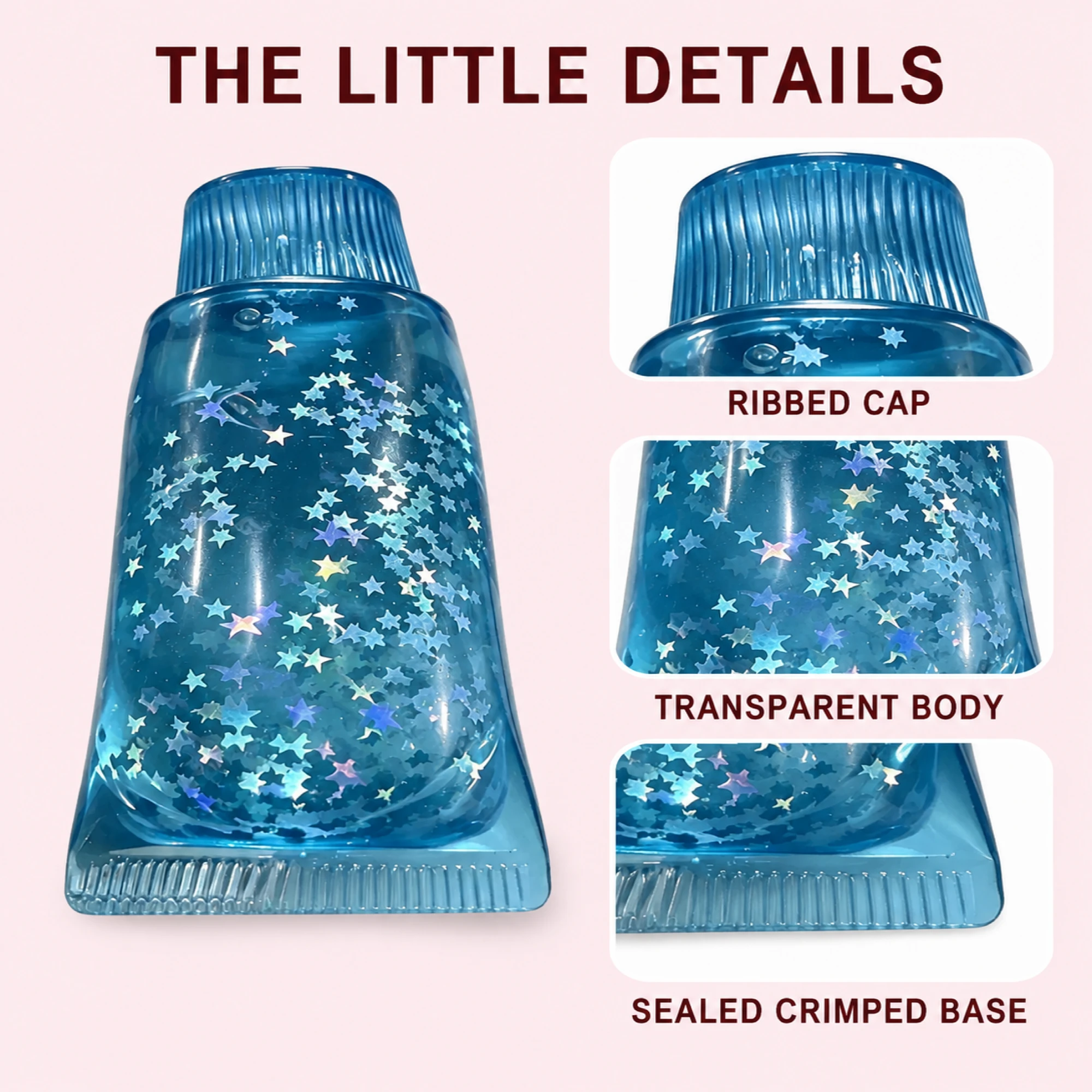 Blue glitter toothpaste squishy ribbed cap transparent body and sealed base details