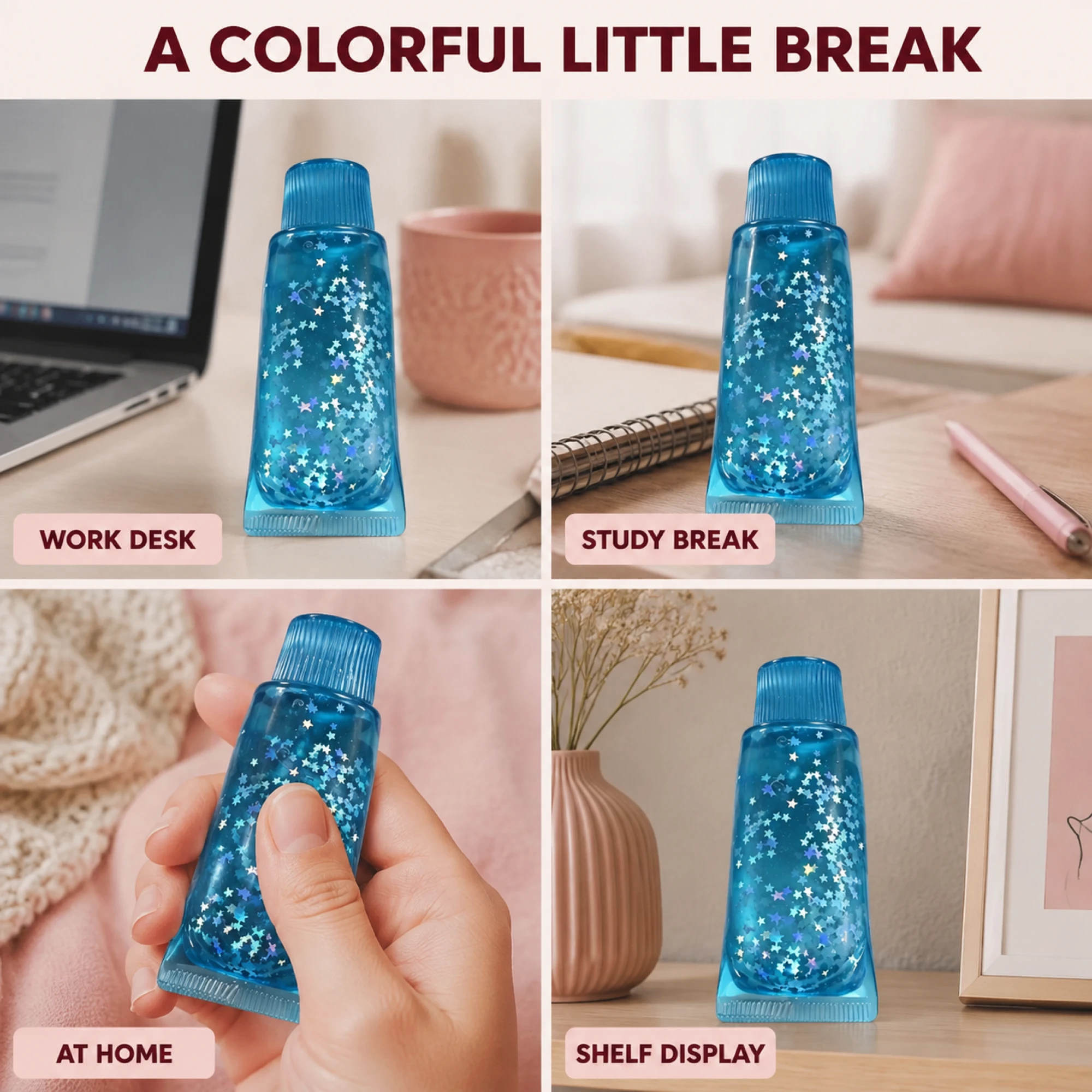 Blue glitter toothpaste squishy in four everyday settings
