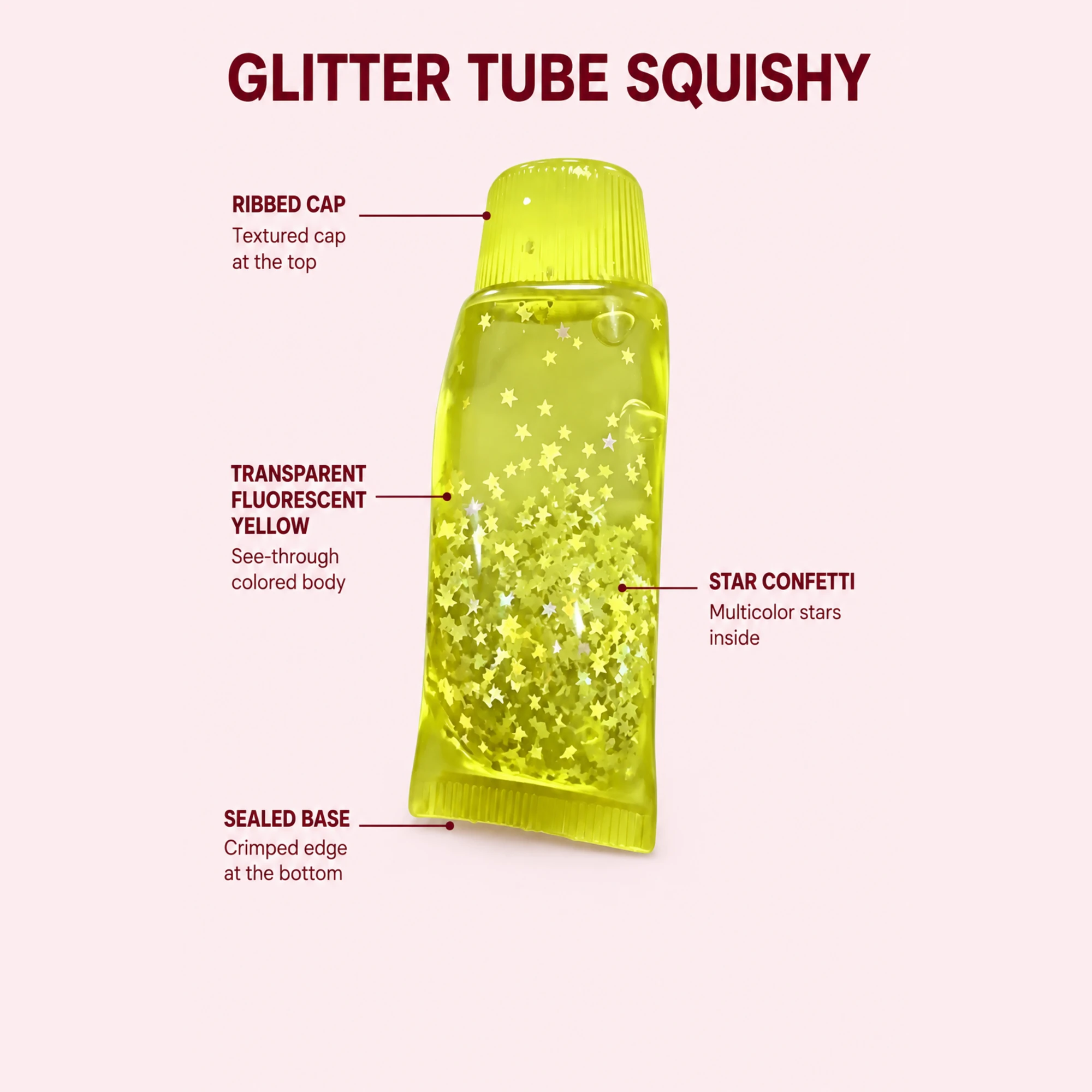Fluorescent yellow glitter toothpaste squishy visible features from real product photo