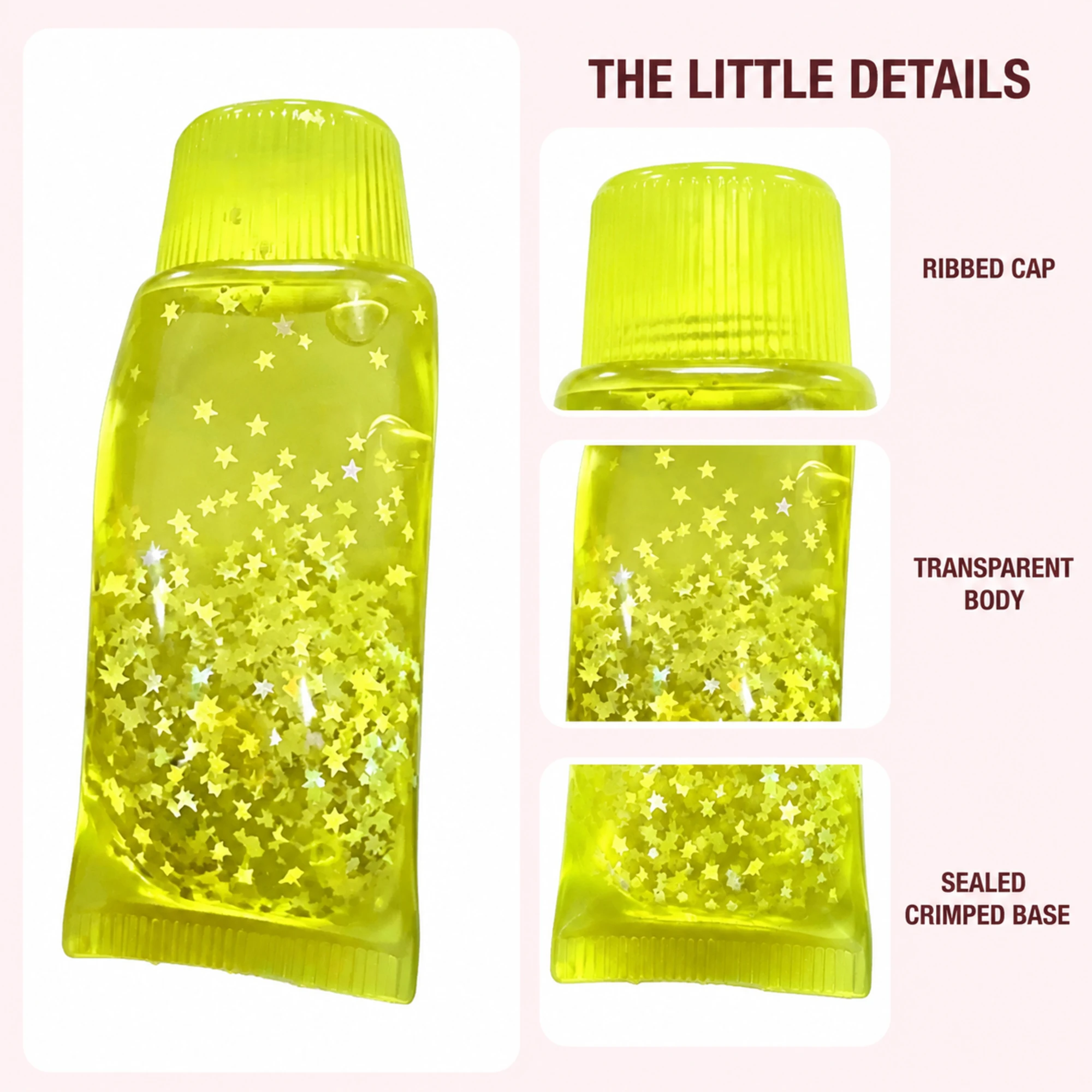 Fluorescent yellow glitter toothpaste squishy ribbed cap transparent body and sealed base details