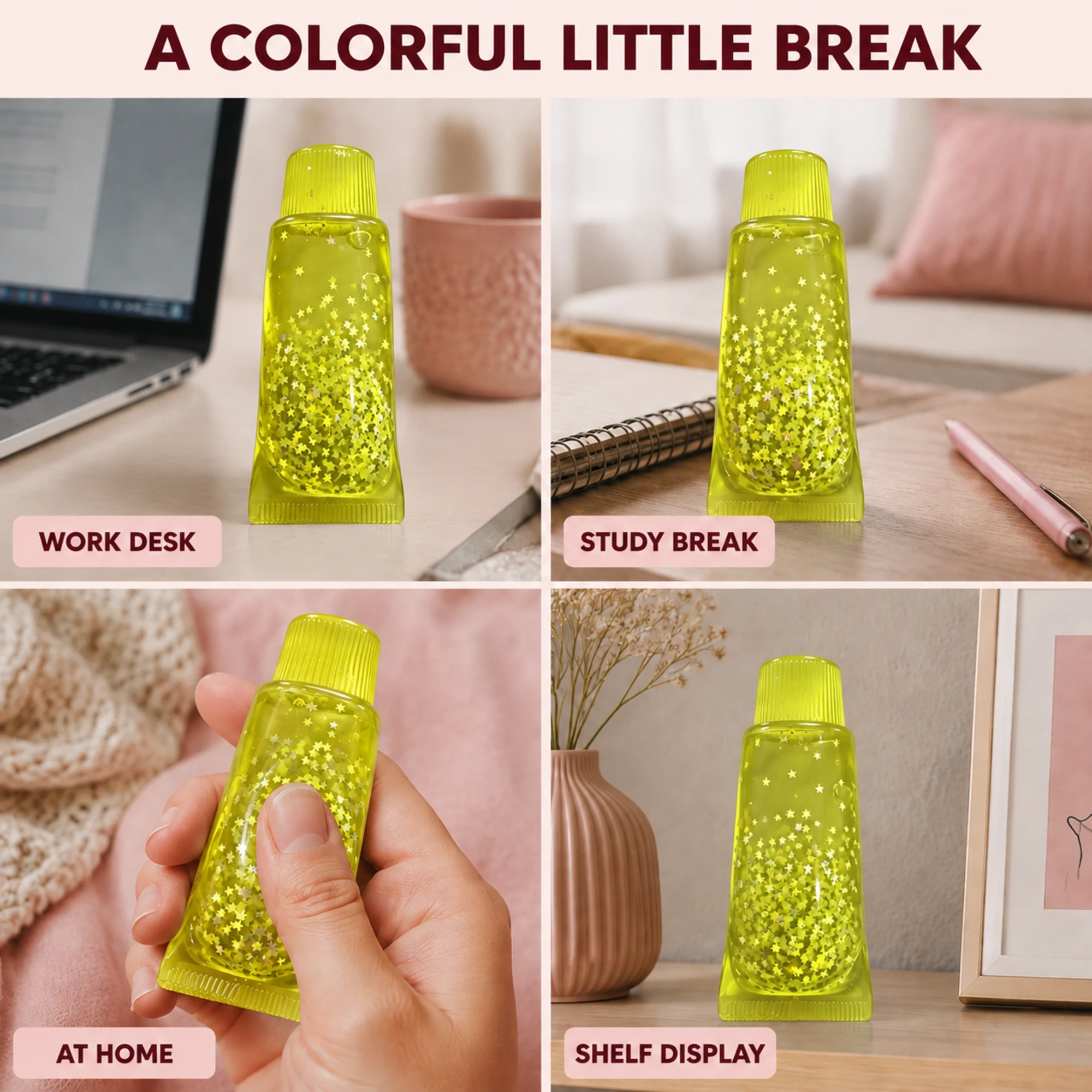 Fluorescent yellow glitter toothpaste squishy in four everyday settings
