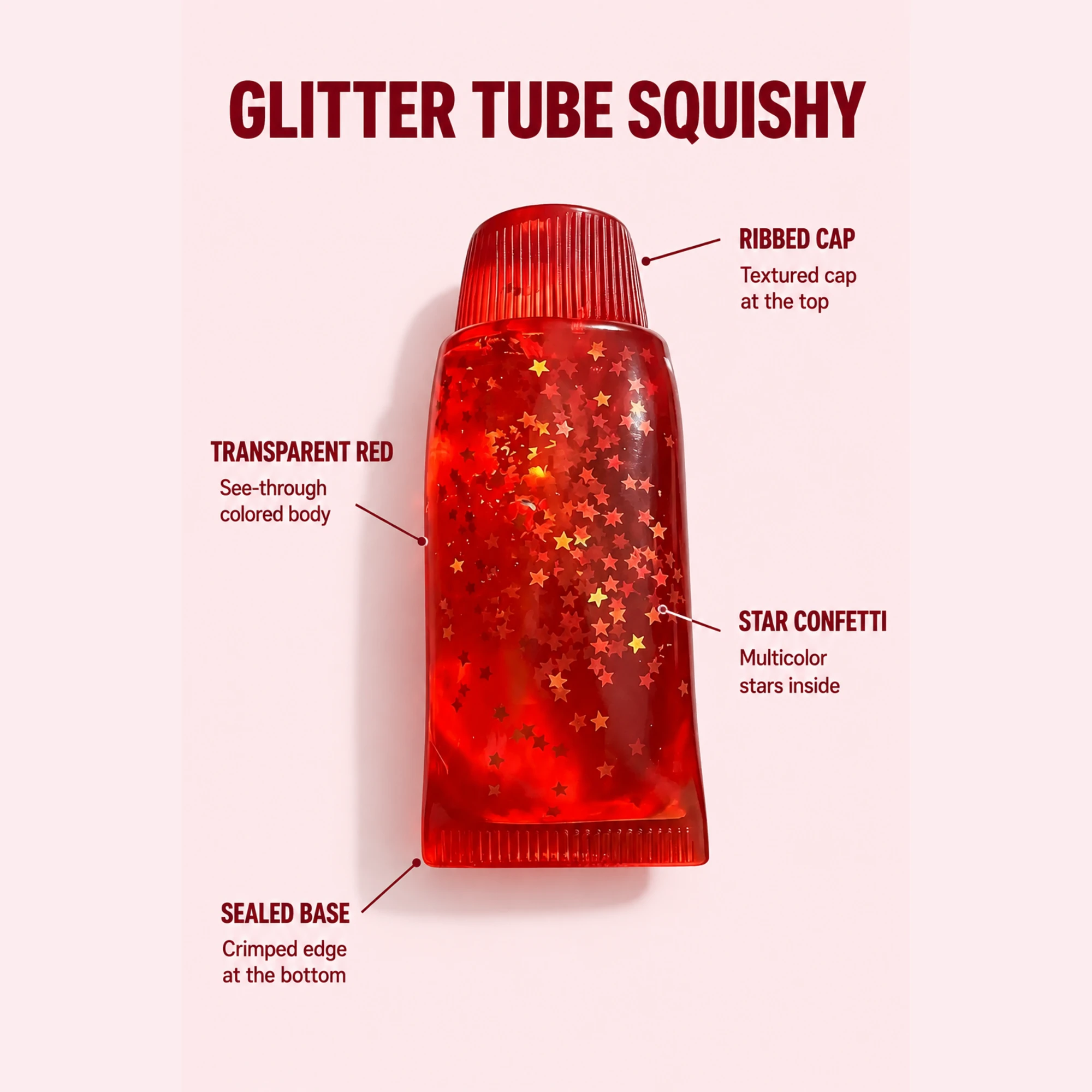 Red glitter toothpaste squishy visible features from real product photo