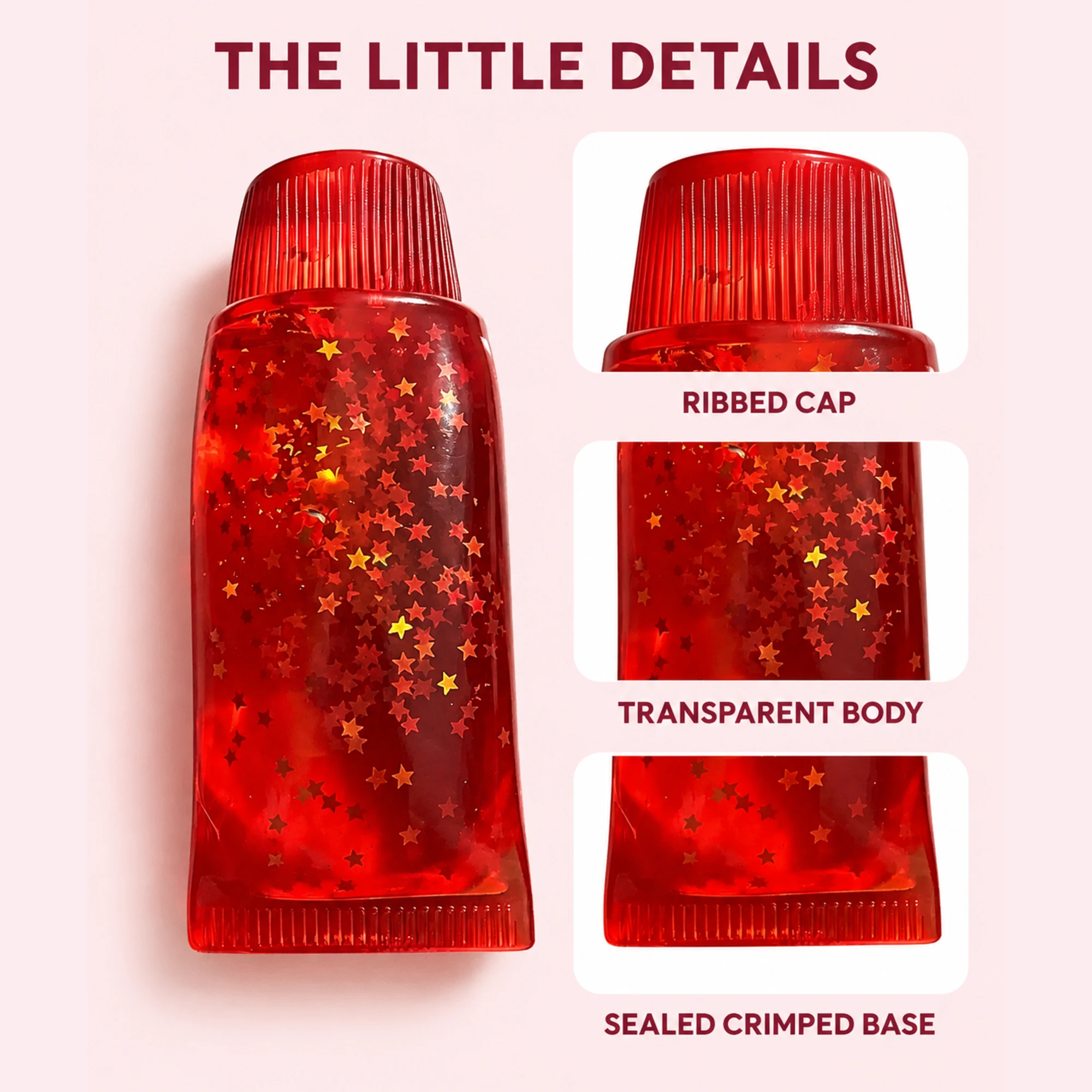 Red glitter toothpaste squishy ribbed cap transparent body and sealed base details