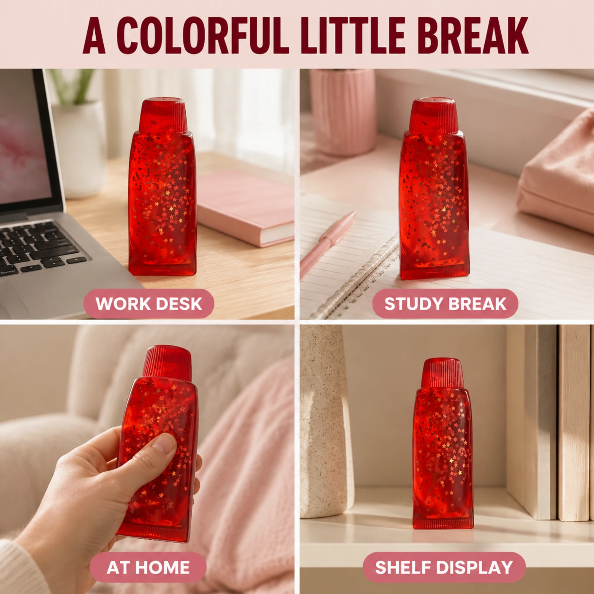 Red glitter toothpaste squishy in four everyday settings