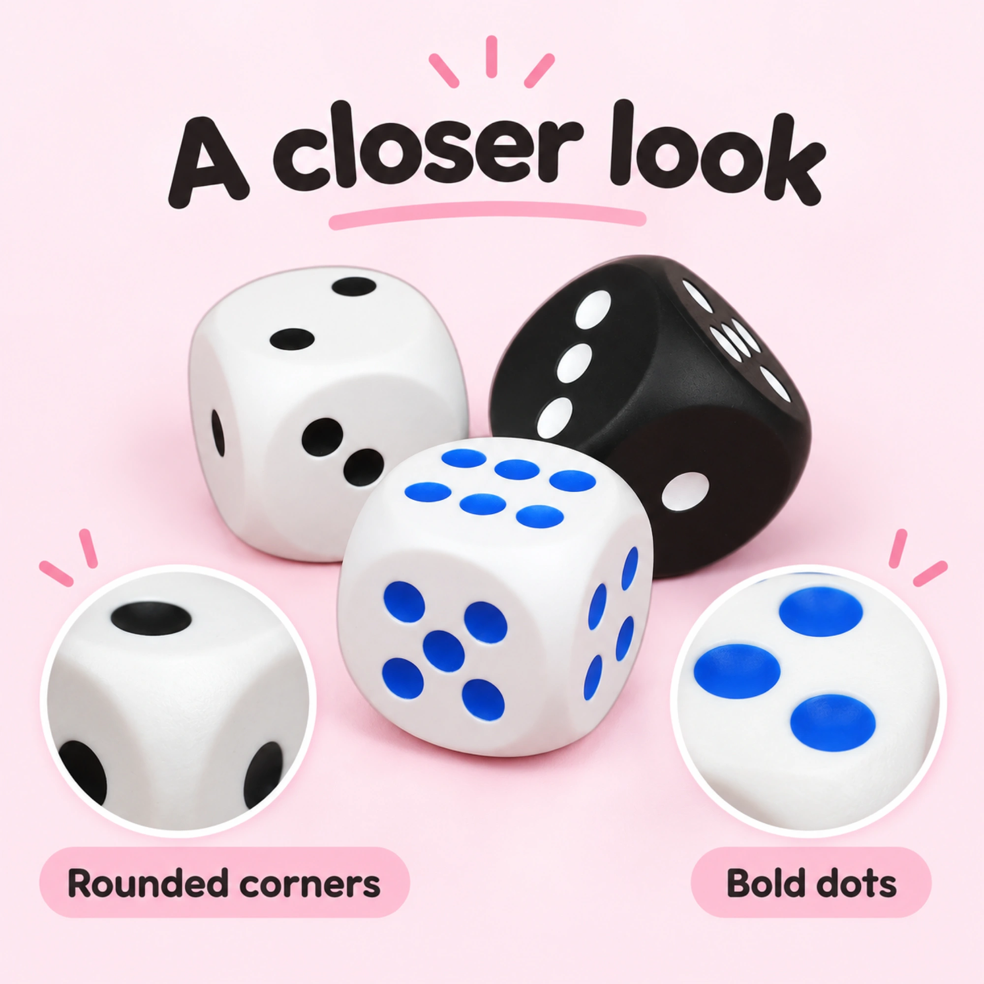 Jumbo Dice Squishy 3-Pack, White Black Blue Foam Stress Dice — details
