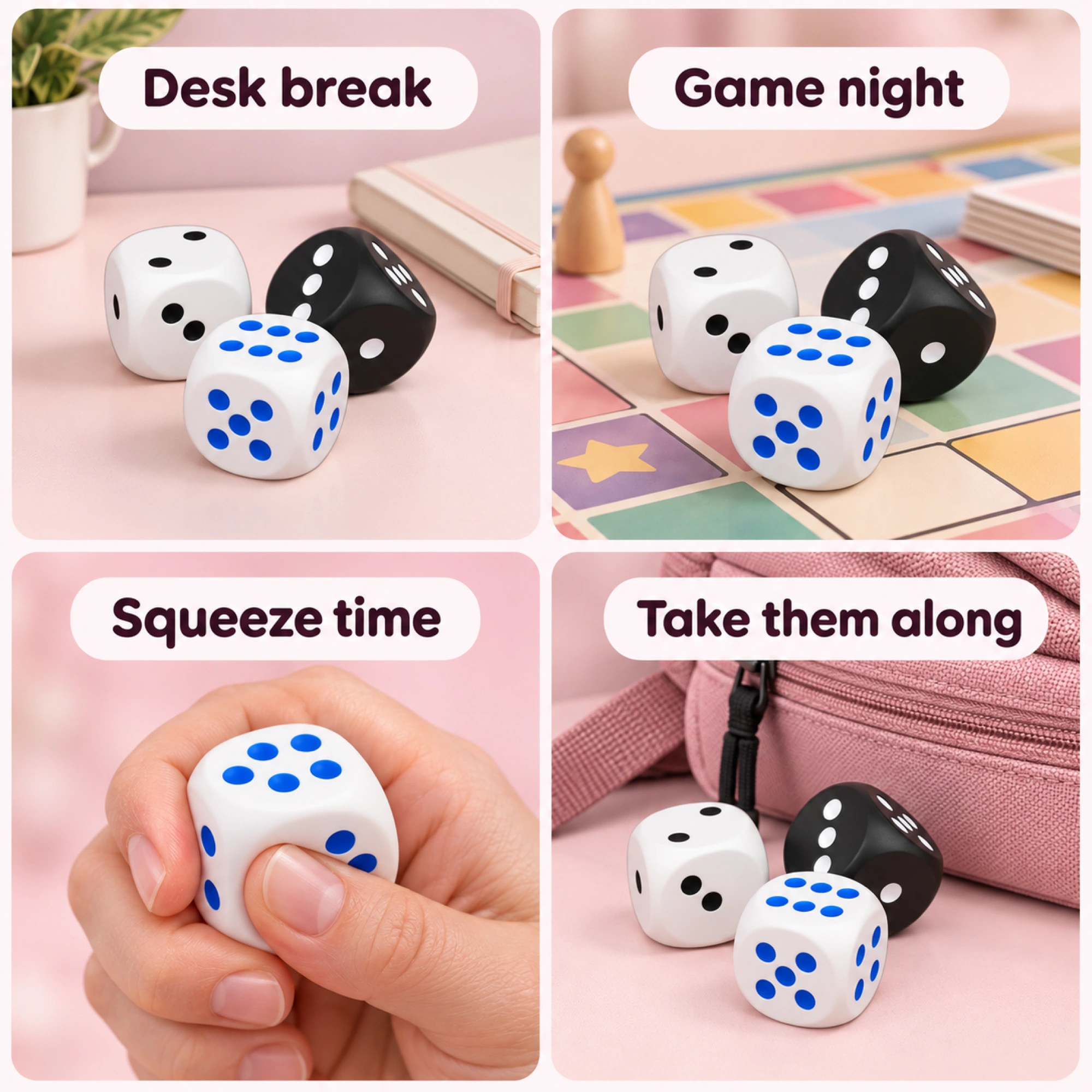 Jumbo Dice Squishy 3-Pack, White Black Blue Foam Stress Dice — lifestyle