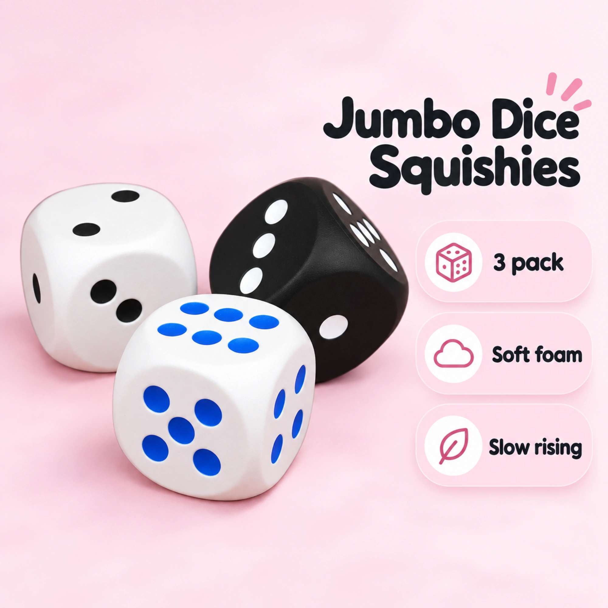 Jumbo Dice Squishy 3-Pack, White Black Blue Foam Stress Dice — spec