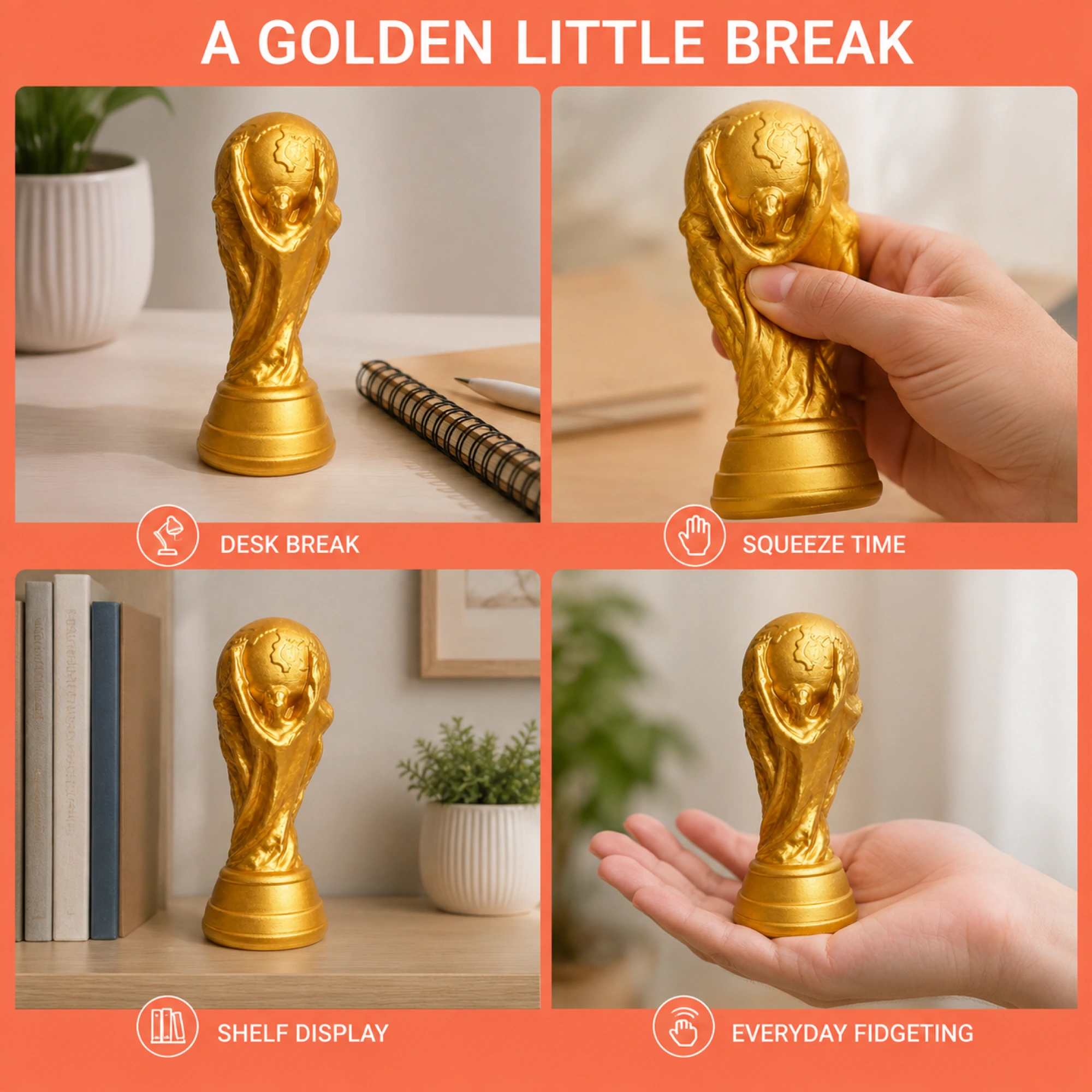 Gold trophy squishy desk, shelf and fidget scenes