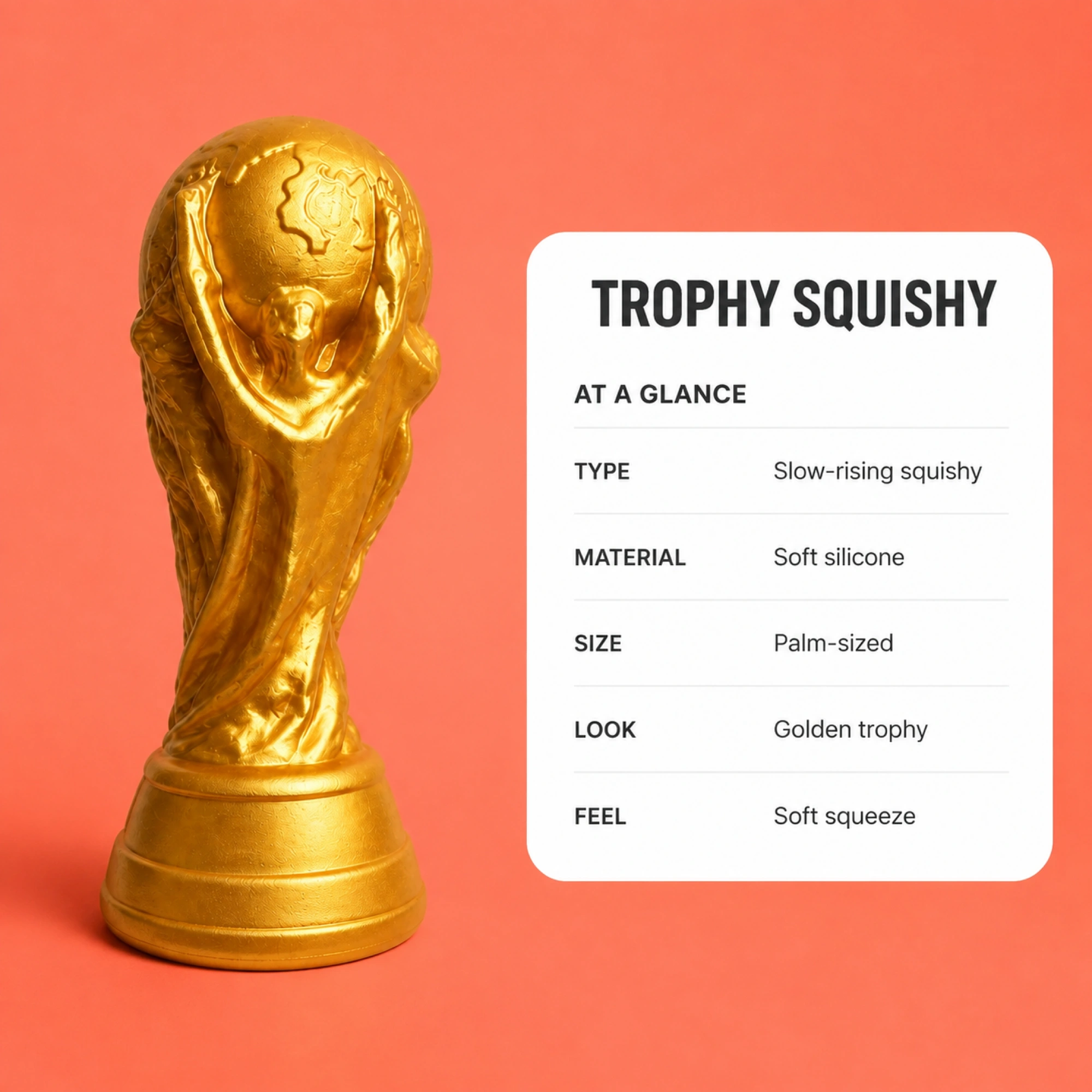 Trophy squishy factual material, size and feel information