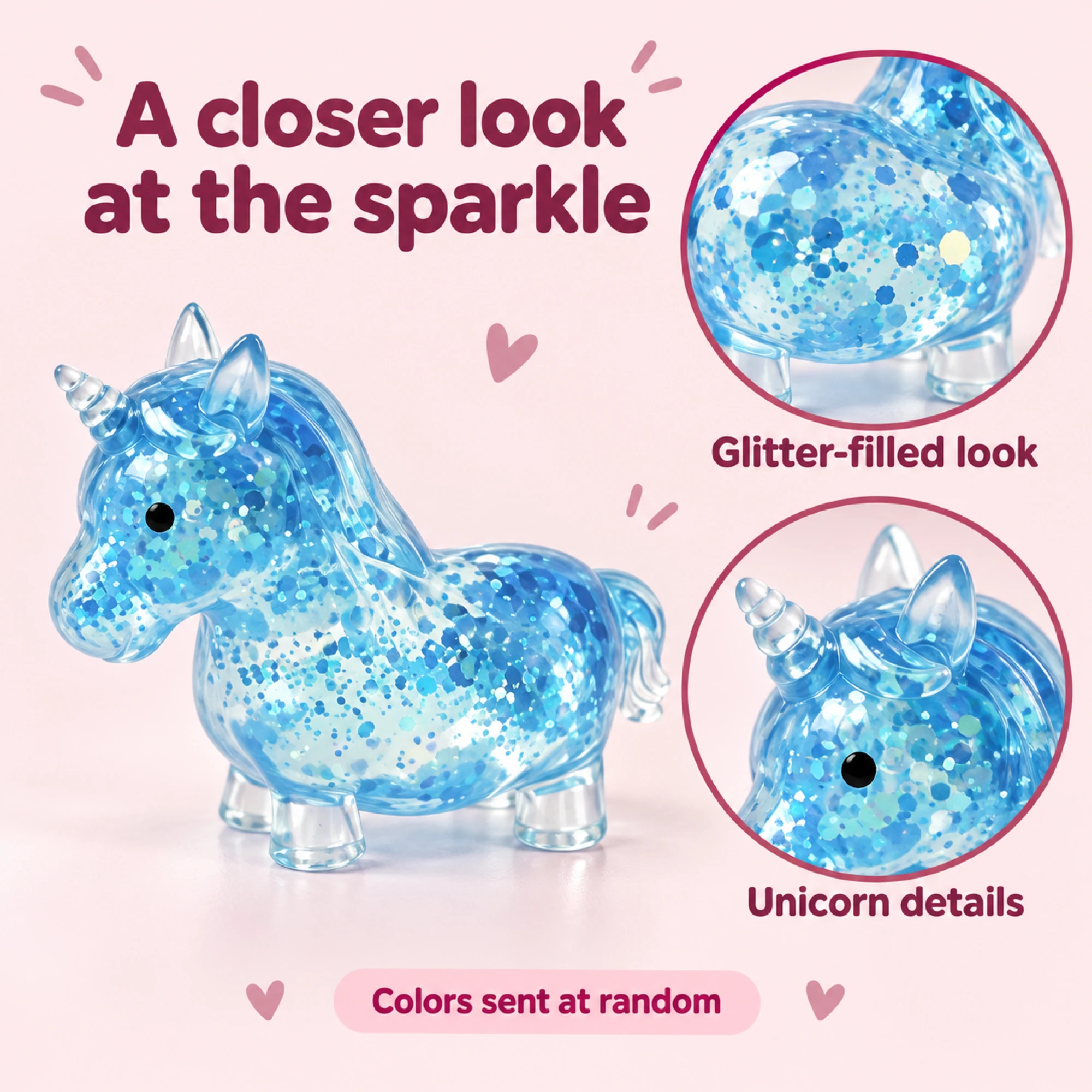 Transparent unicorn glitter, horn and mane details
