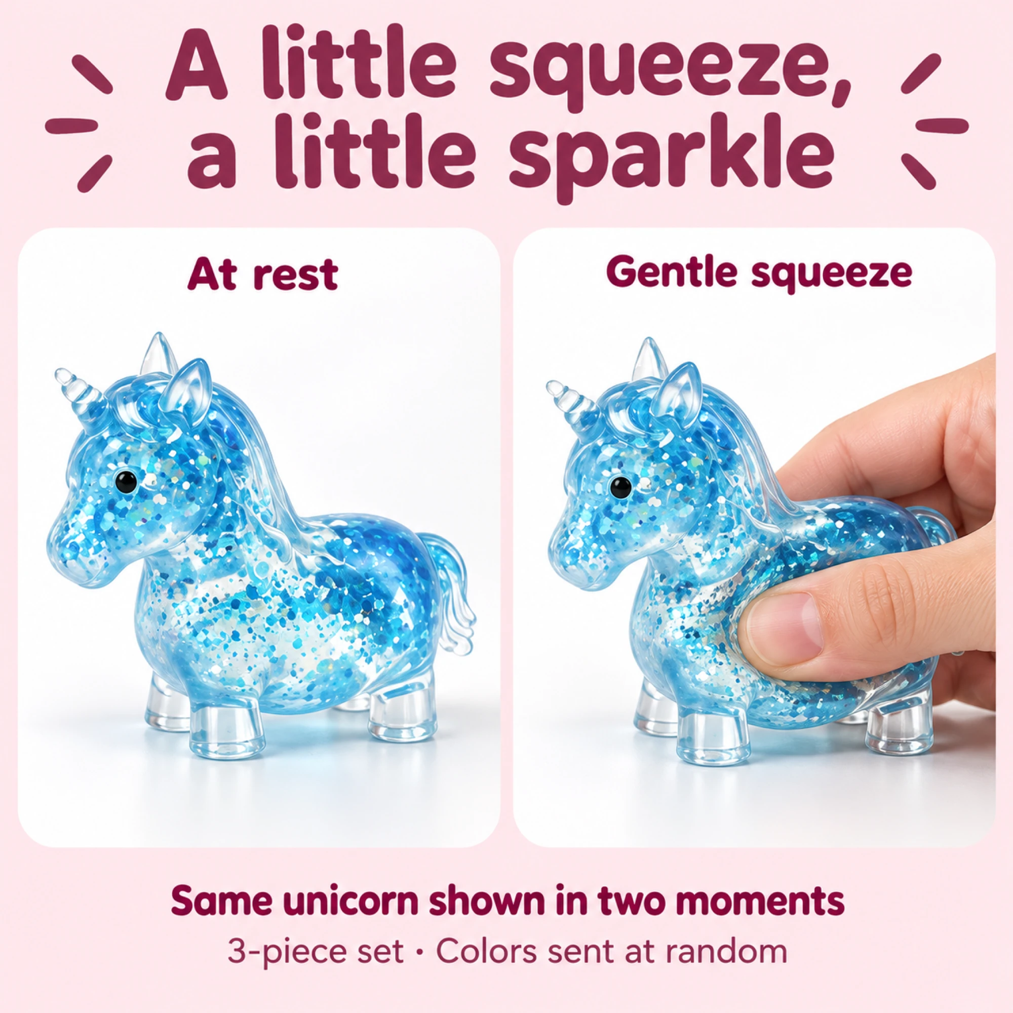Same unicorn at rest and gently squeezed