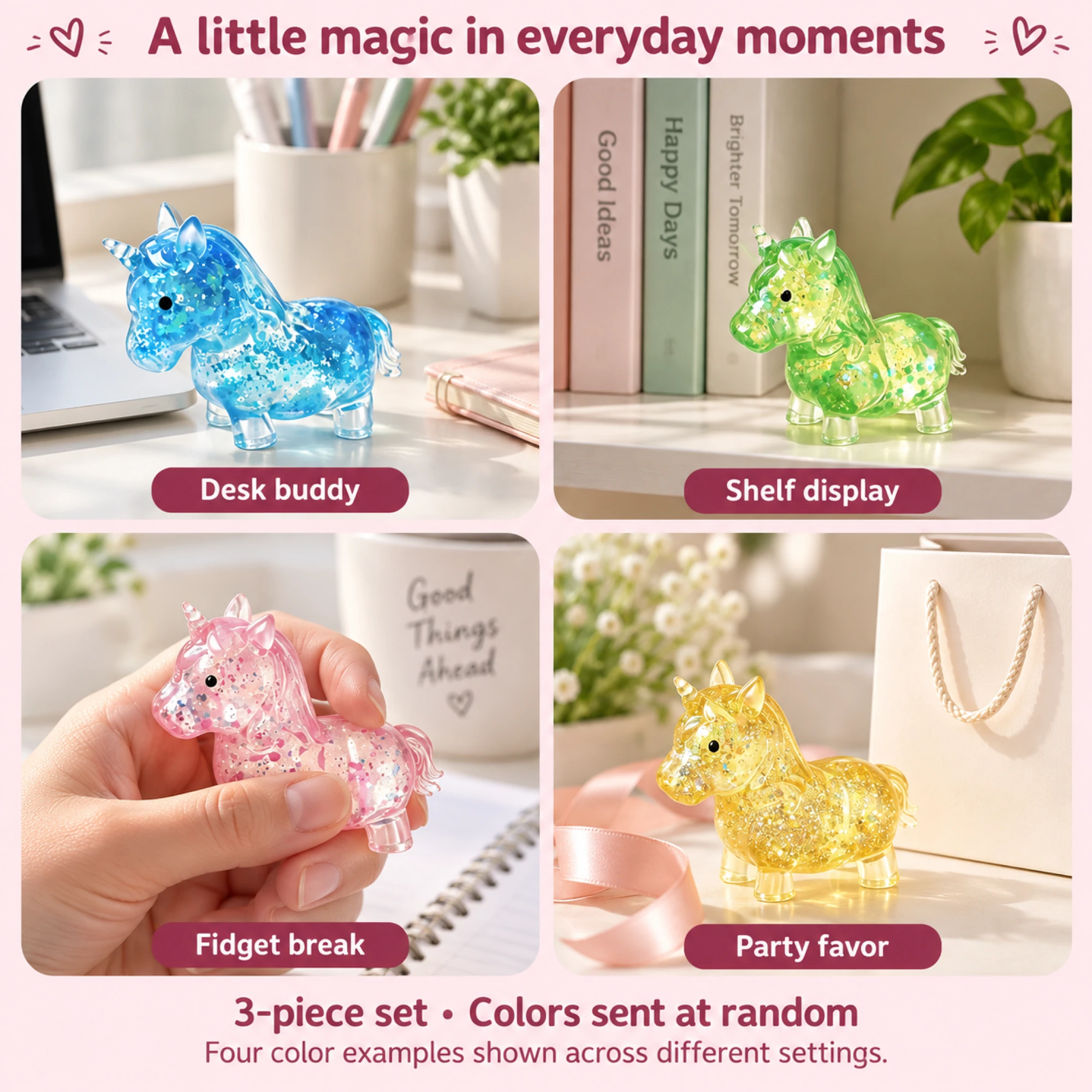 Unicorn squishies in four settings; three-piece random-color set