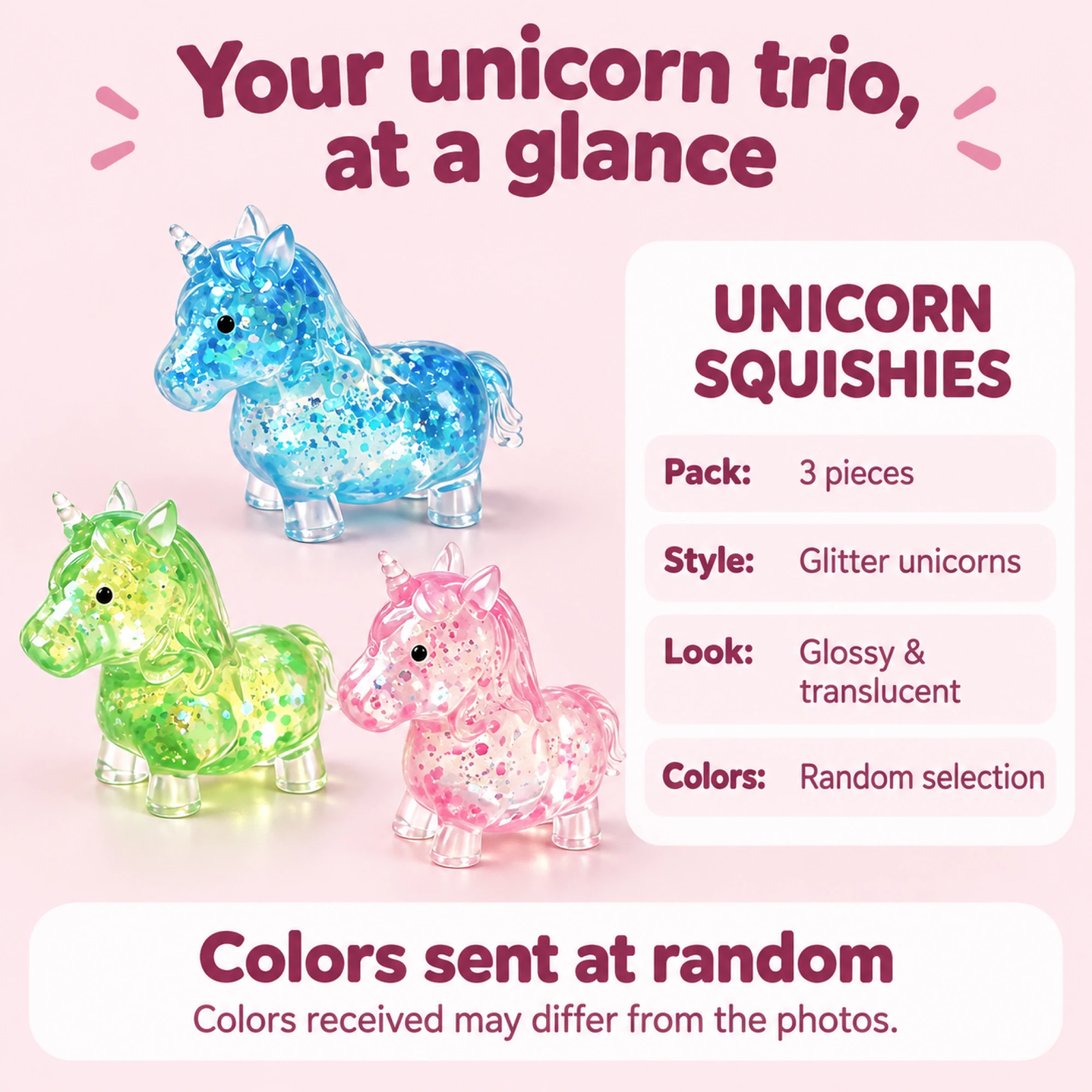 Three-piece unicorn squishy set information and random colors