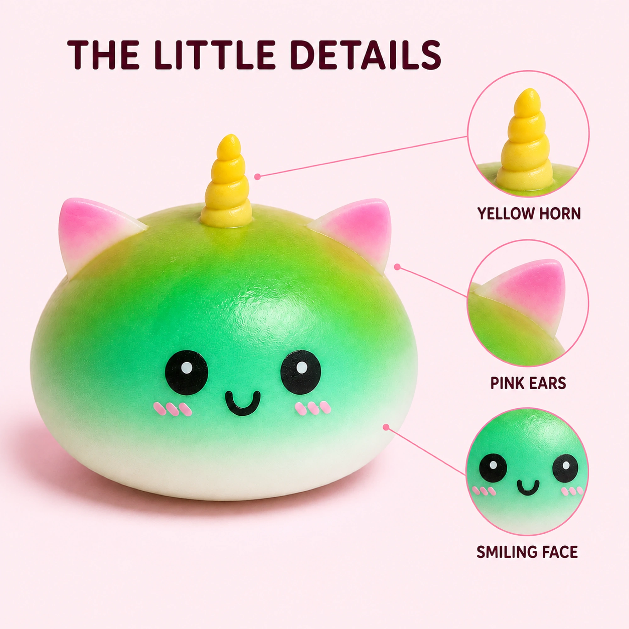Unicorn bun details: intact yellow horn, pink ears and smiling face