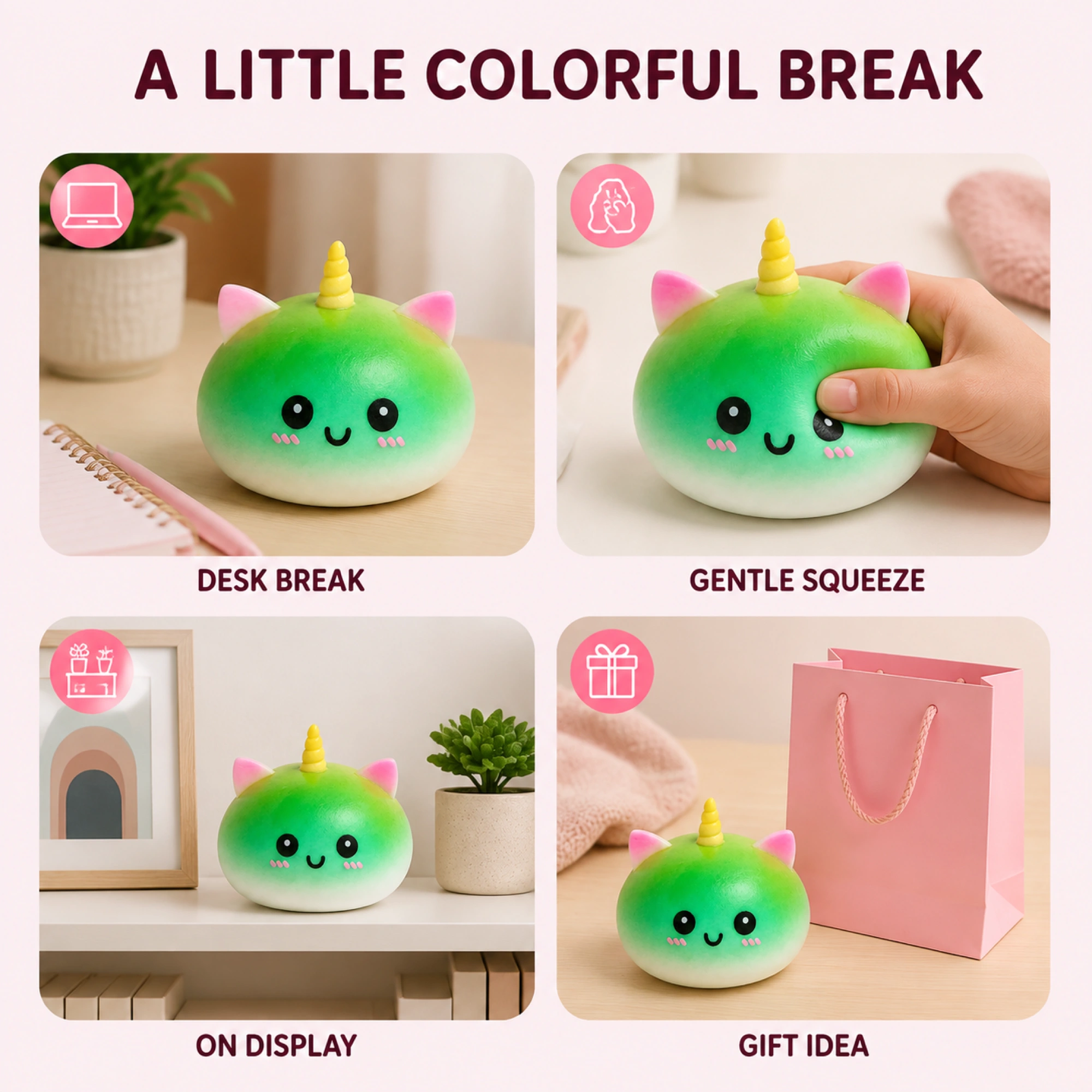 Unicorn bun squishy for desk breaks, gentle squeezing, display and gifting
