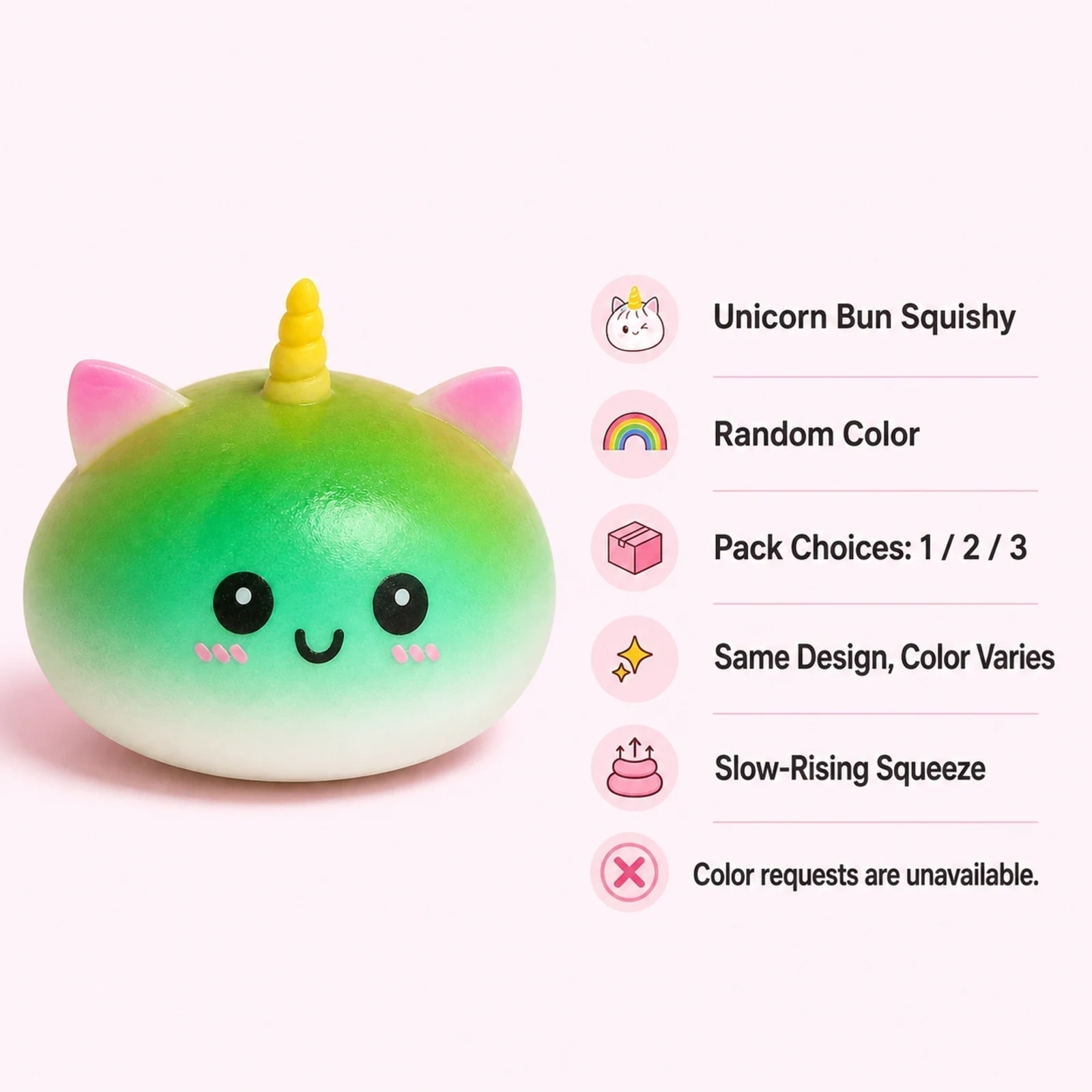 Unicorn bun squishy random-color order details and pack choices