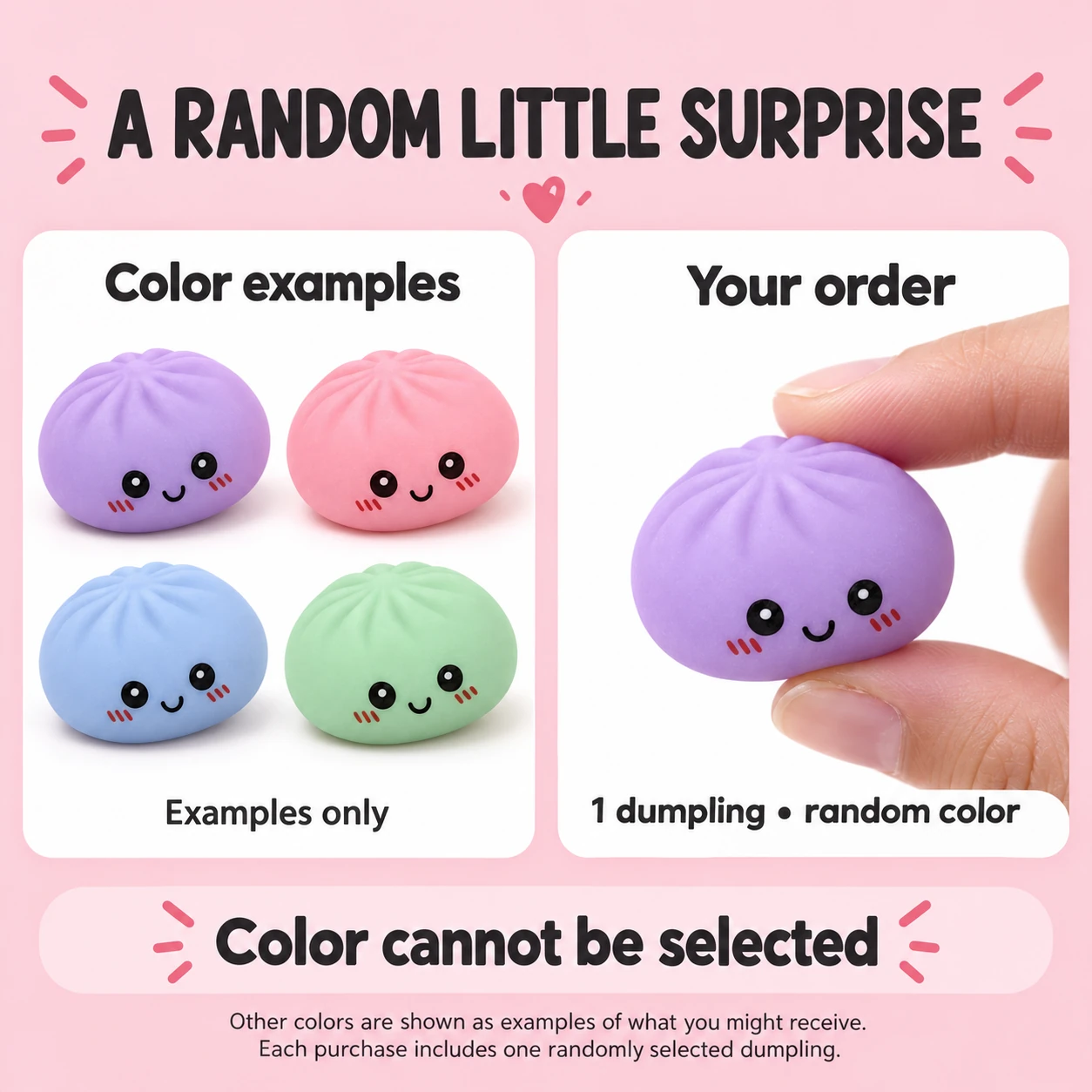 Random color examples and one-piece order quantity