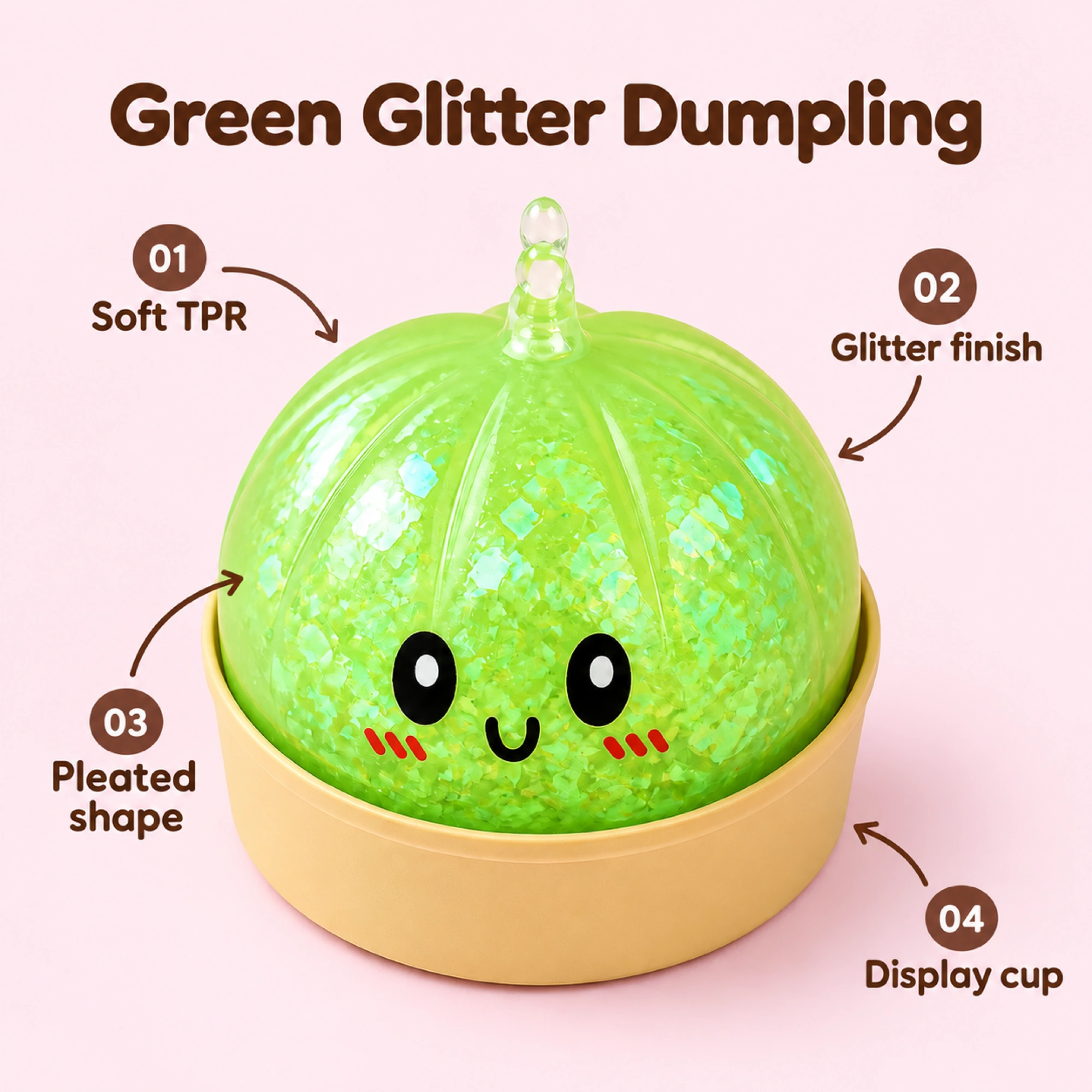 Glitter Dumpling Squishy – 4-Piece Kawaii TPR Stress Ball, Select Color — en-02-features