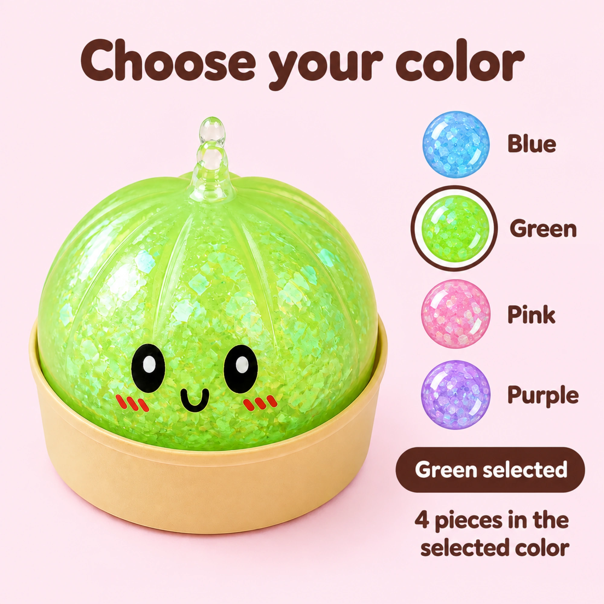 Glitter Dumpling Squishy – 4-Piece Kawaii TPR Stress Ball, Select Color — en-04-choice