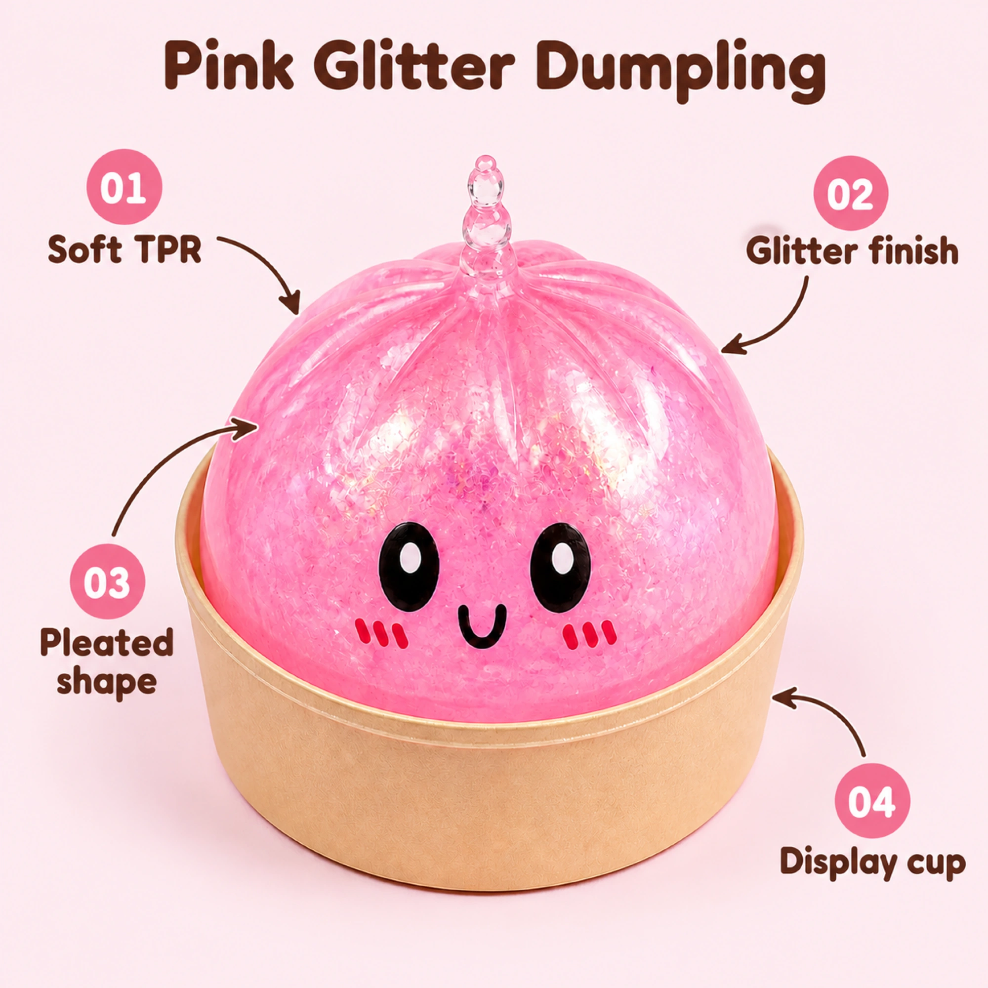 Glitter Dumpling Squishy – 4-Piece Kawaii TPR Stress Ball, Select Color — k-02-features