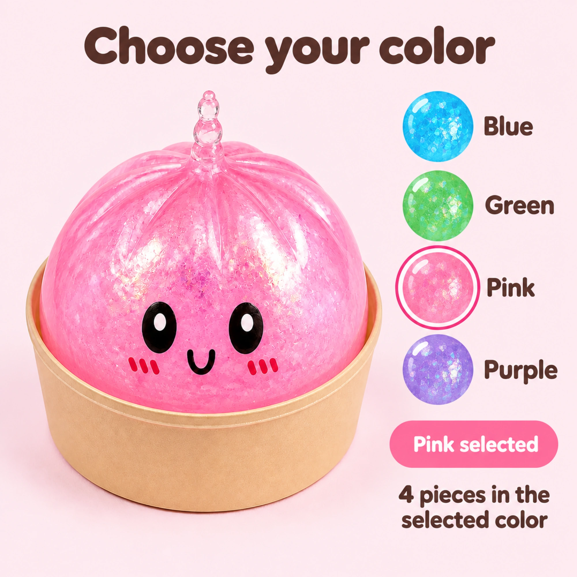 Glitter Dumpling Squishy – 4-Piece Kawaii TPR Stress Ball, Select Color — k-04-choice