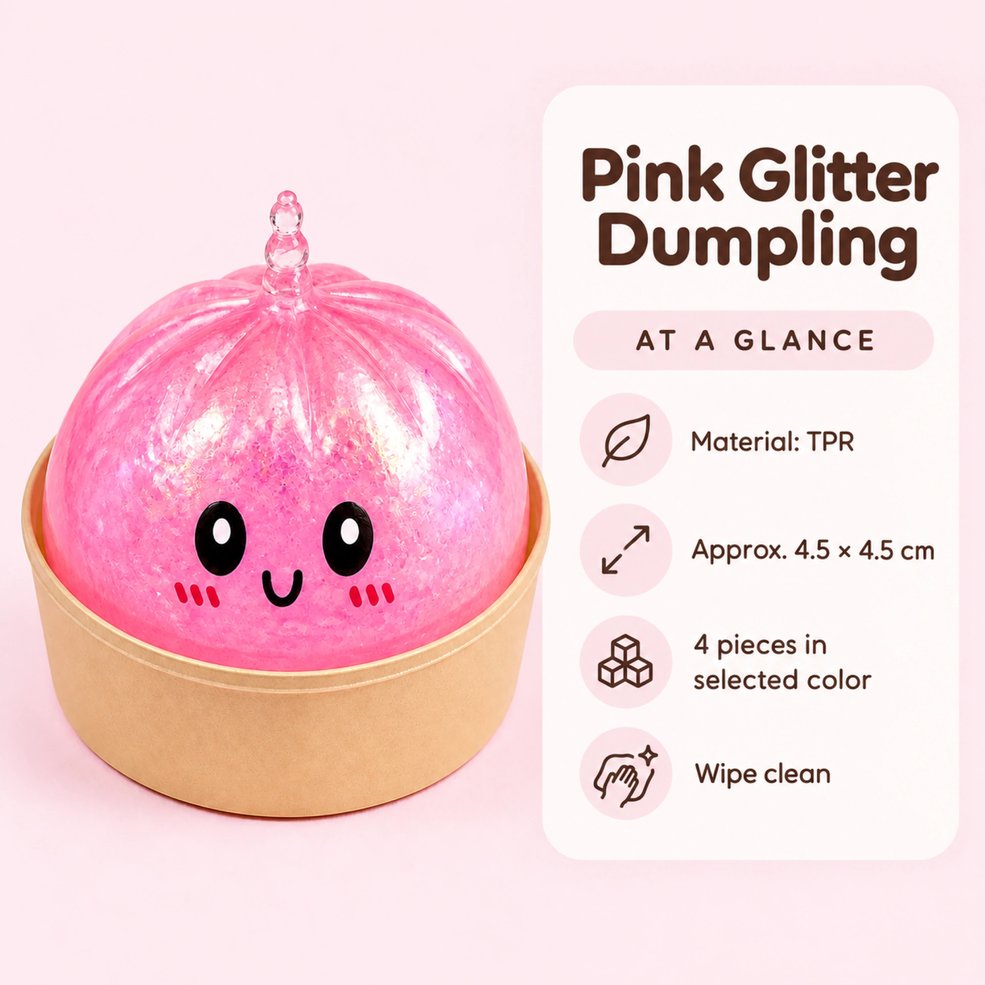 Glitter Dumpling Squishy – 4-Piece Kawaii TPR Stress Ball, Select Color — k-06-spec