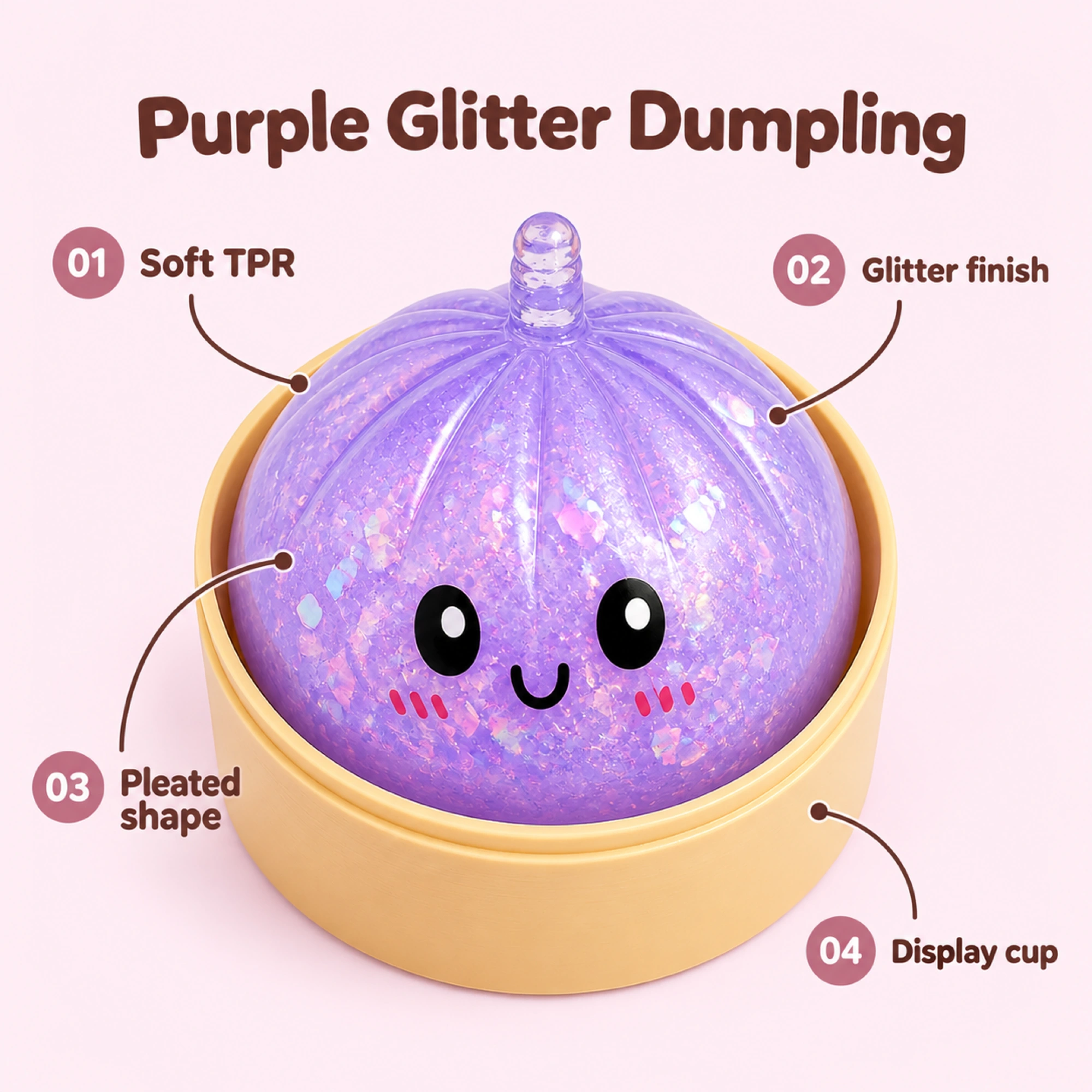 Glitter Dumpling Squishy – 4-Piece Kawaii TPR Stress Ball, Select Color — ple-02-features