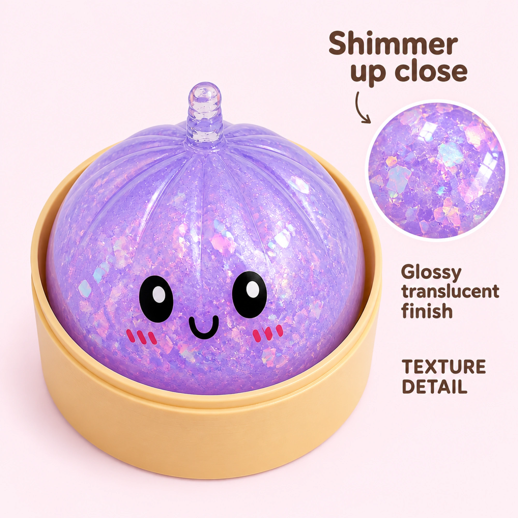 Glitter Dumpling Squishy – 4-Piece Kawaii TPR Stress Ball, Select Color — ple-03-inside