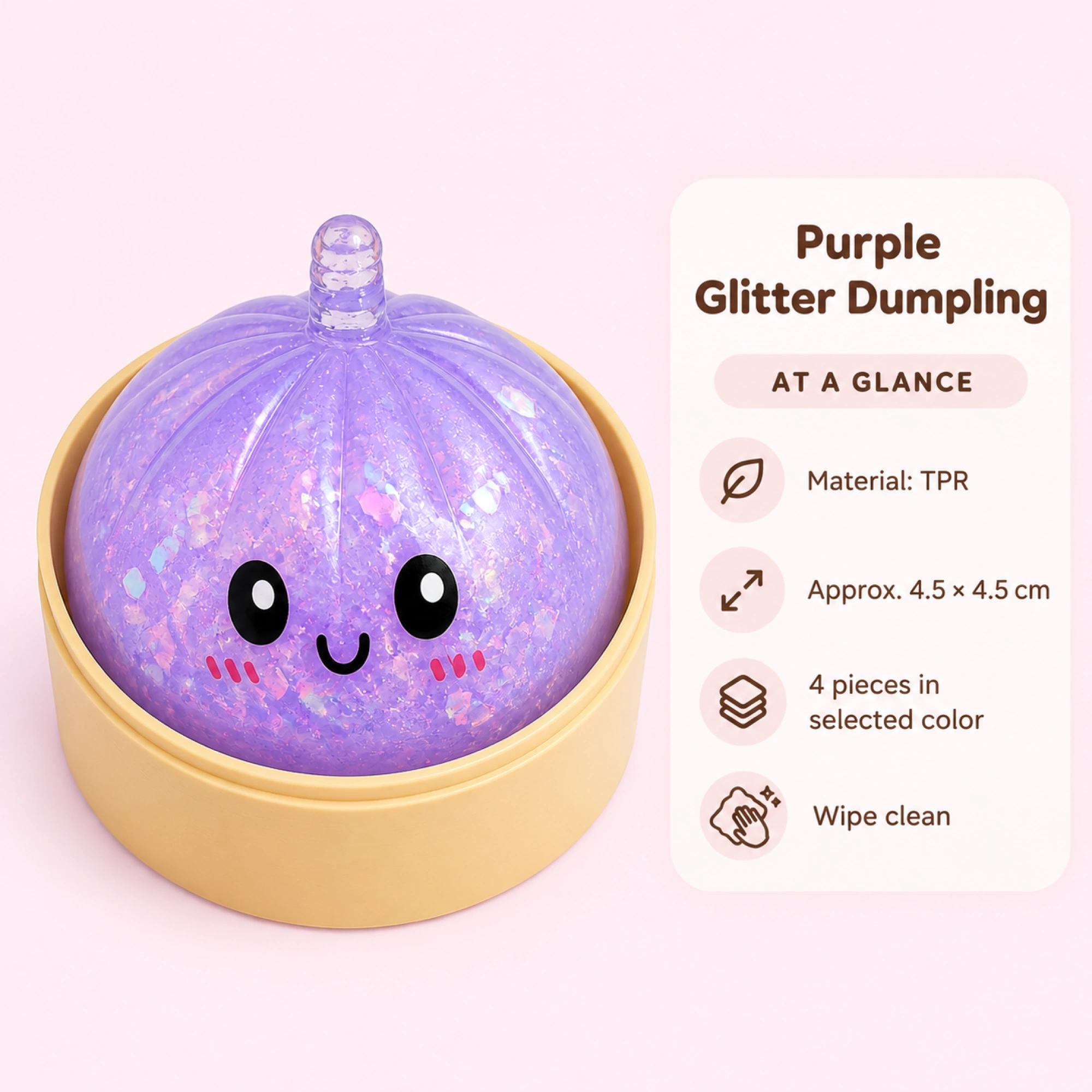 Glitter Dumpling Squishy – 4-Piece Kawaii TPR Stress Ball, Select Color — ple-06-spec