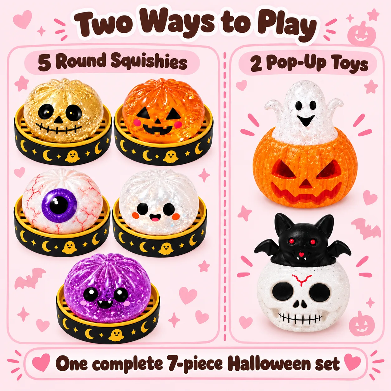 Five round squishies and two pop-up toys: pumpkin ghost and skull bat
