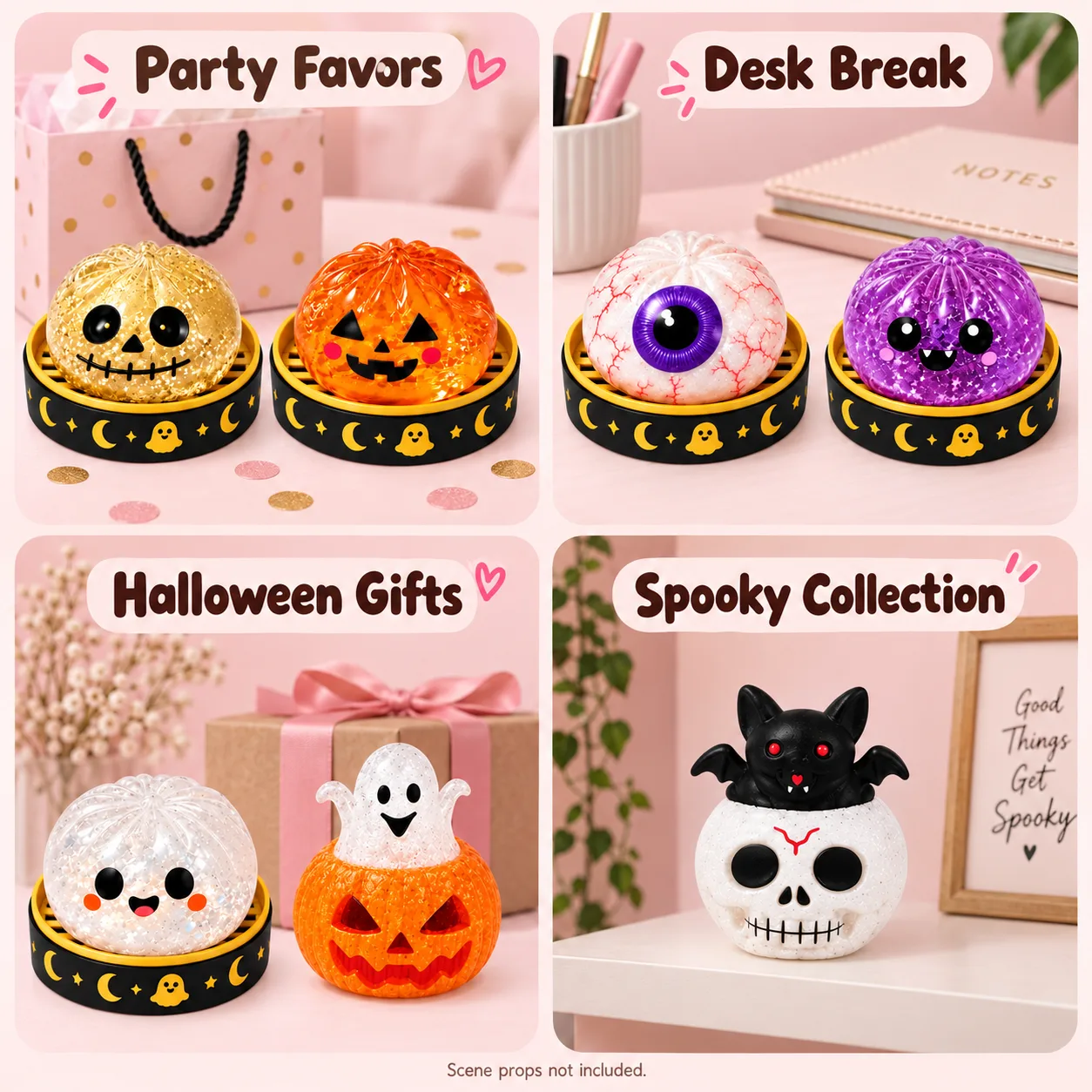 Seven matching Halloween squishy designs in party, desk, gift and collection scenes