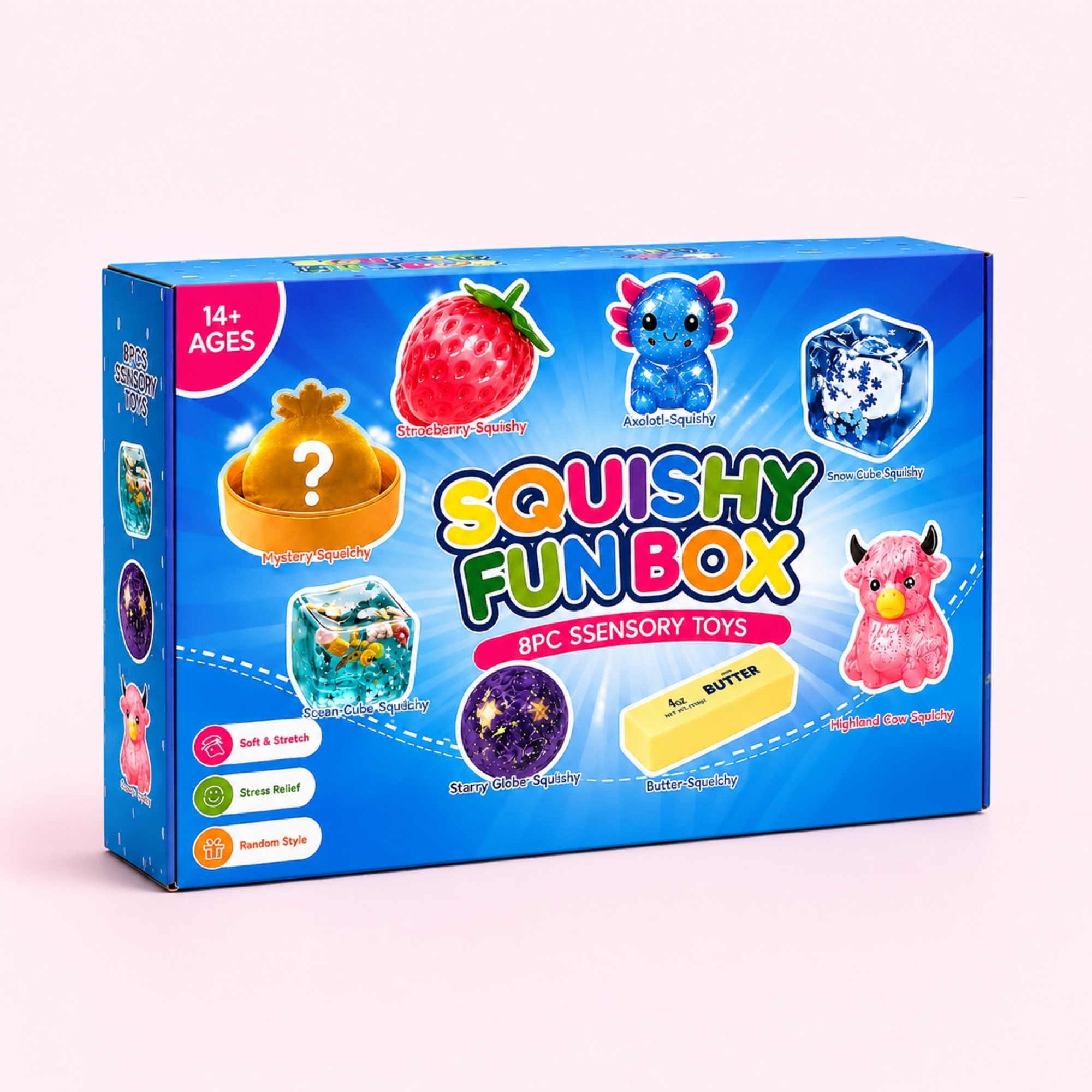 8-piece squishy mystery box in blue Squishy Fun Box packaging