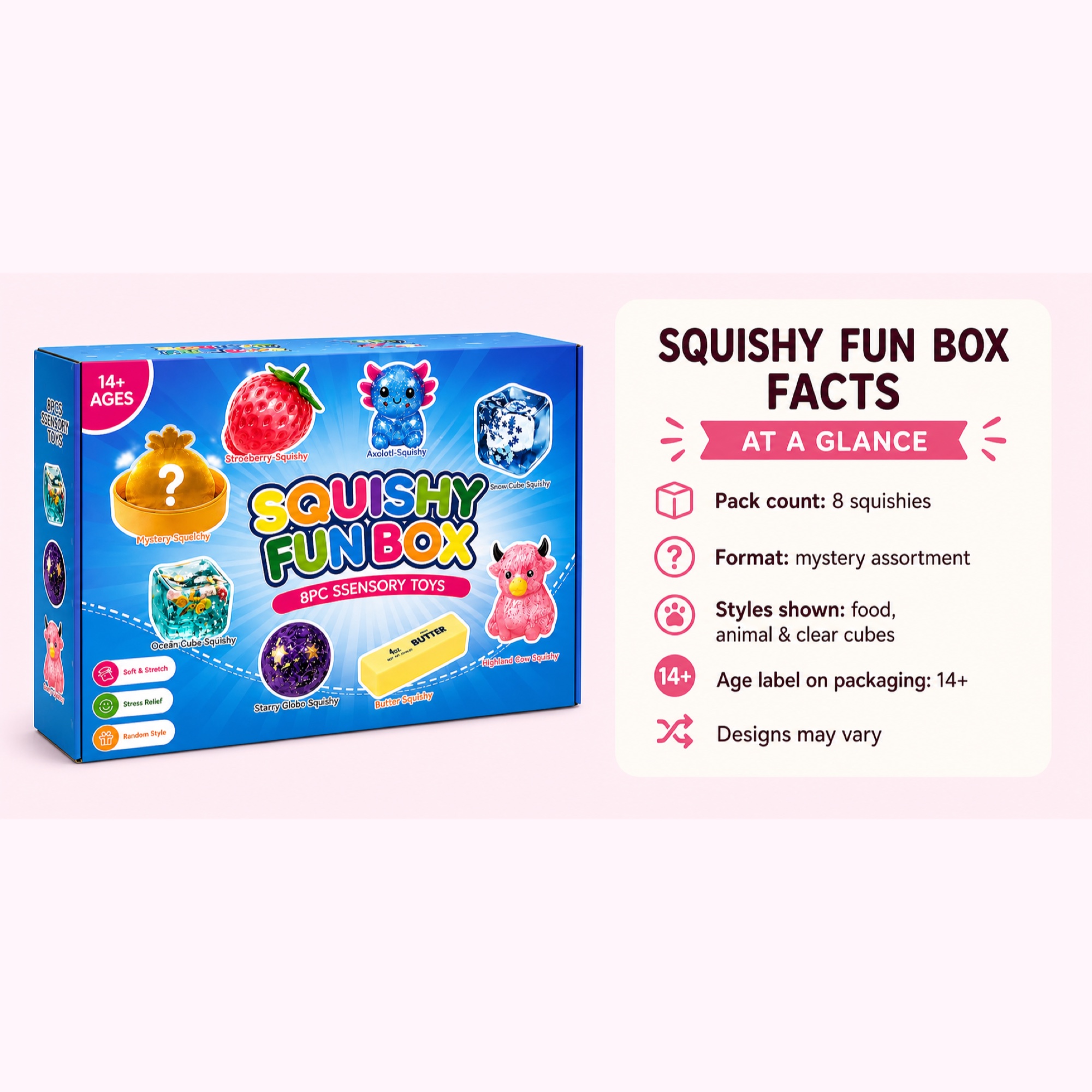 Скуиши от 8 части Fun Box факти и мистериозен асортимент спецификации