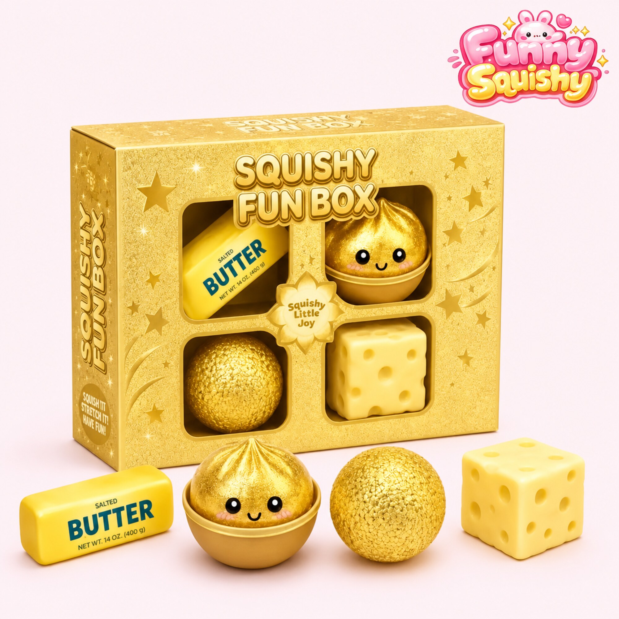 GOLD SQUISHY FUN BOX – 4-PIECE MYSTERY SET foto