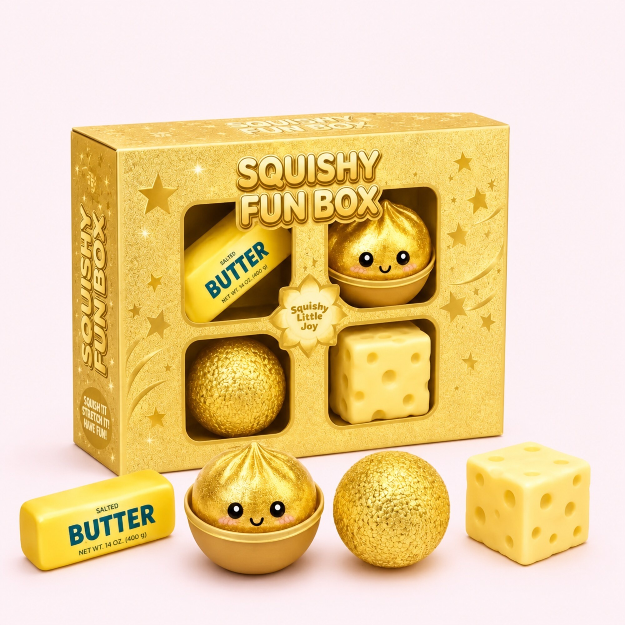 Gold 4-piece squishy fun box with butter, dumpling, round and cheese shapes – image 1