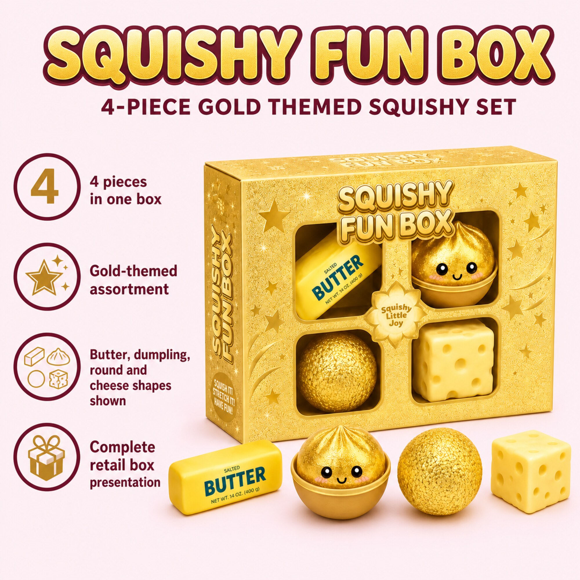 Gold Squishy Fun Box – 4-Piece Mystery Set (foto 2)