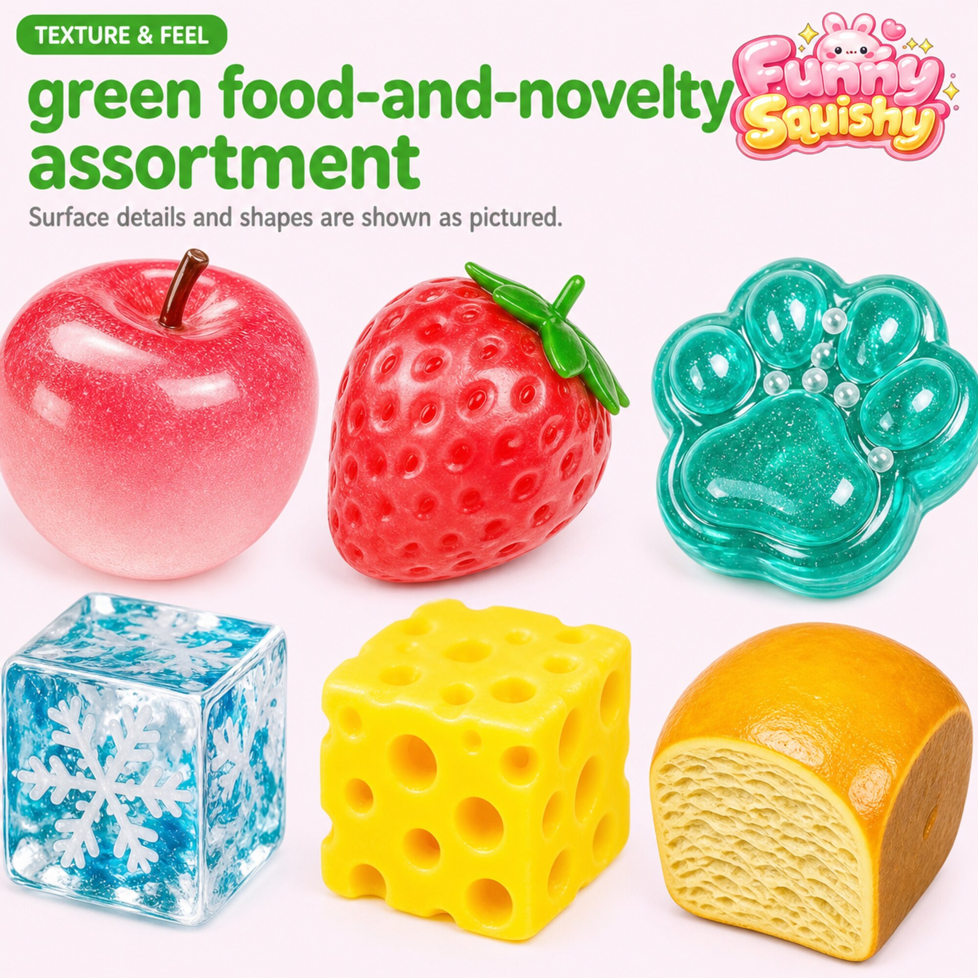Green 8-piece sensory squishier kit with fruit, food, ice and paw shapes – image 3