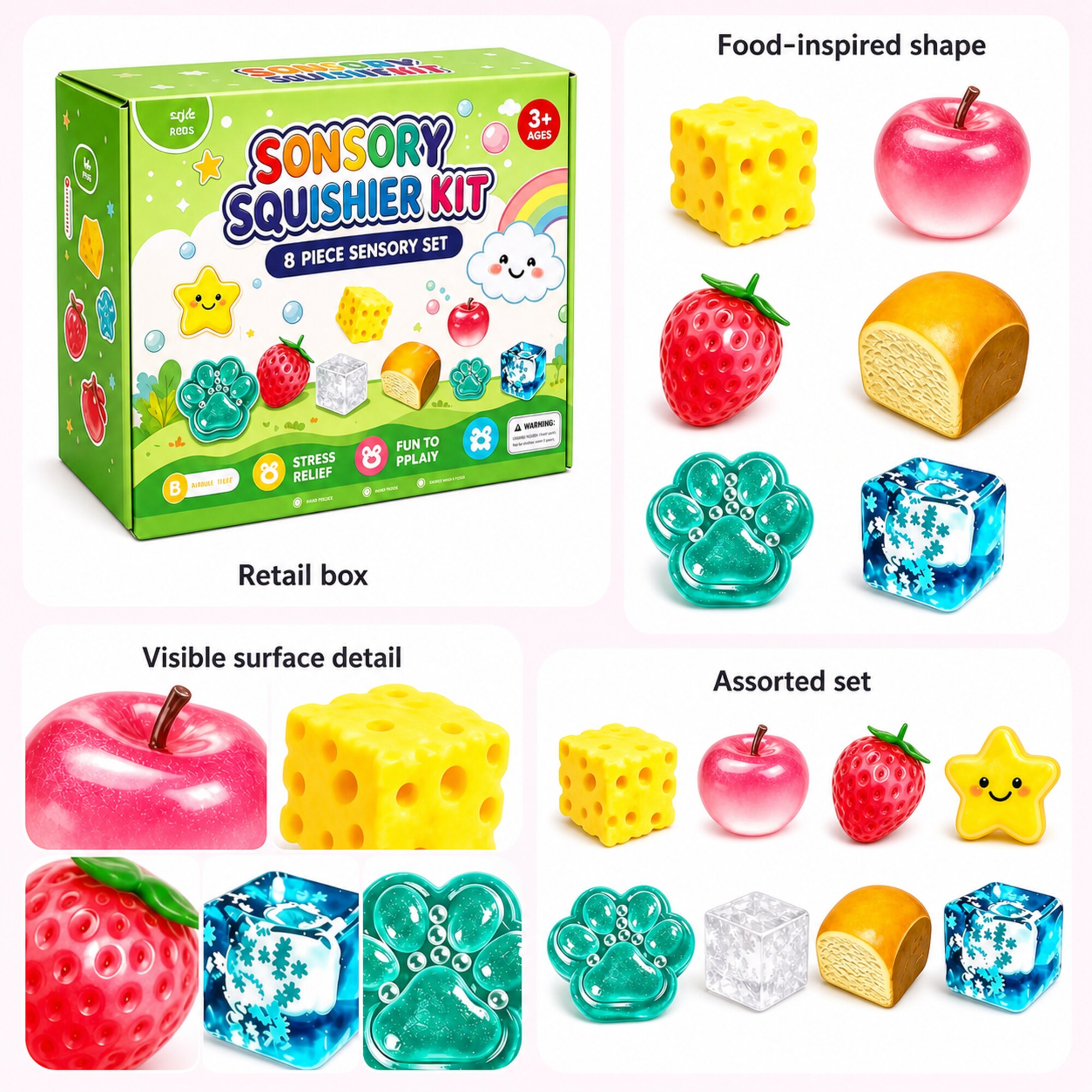 Green 8-piece sensory squishier kit with fruit, food, ice and paw shapes – image 4