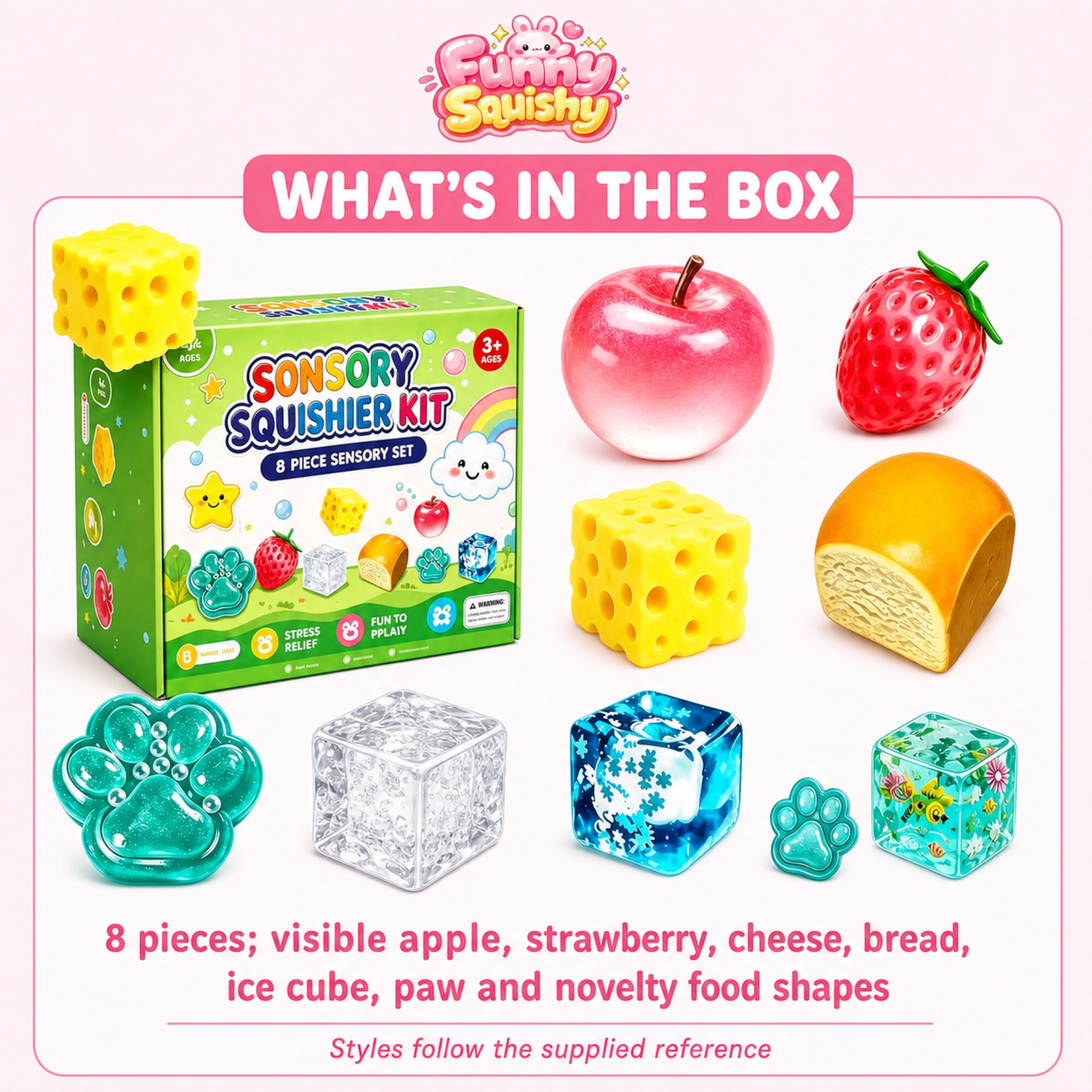 Green 8-piece sensory squishier kit with fruit, food, ice and paw shapes – image 5