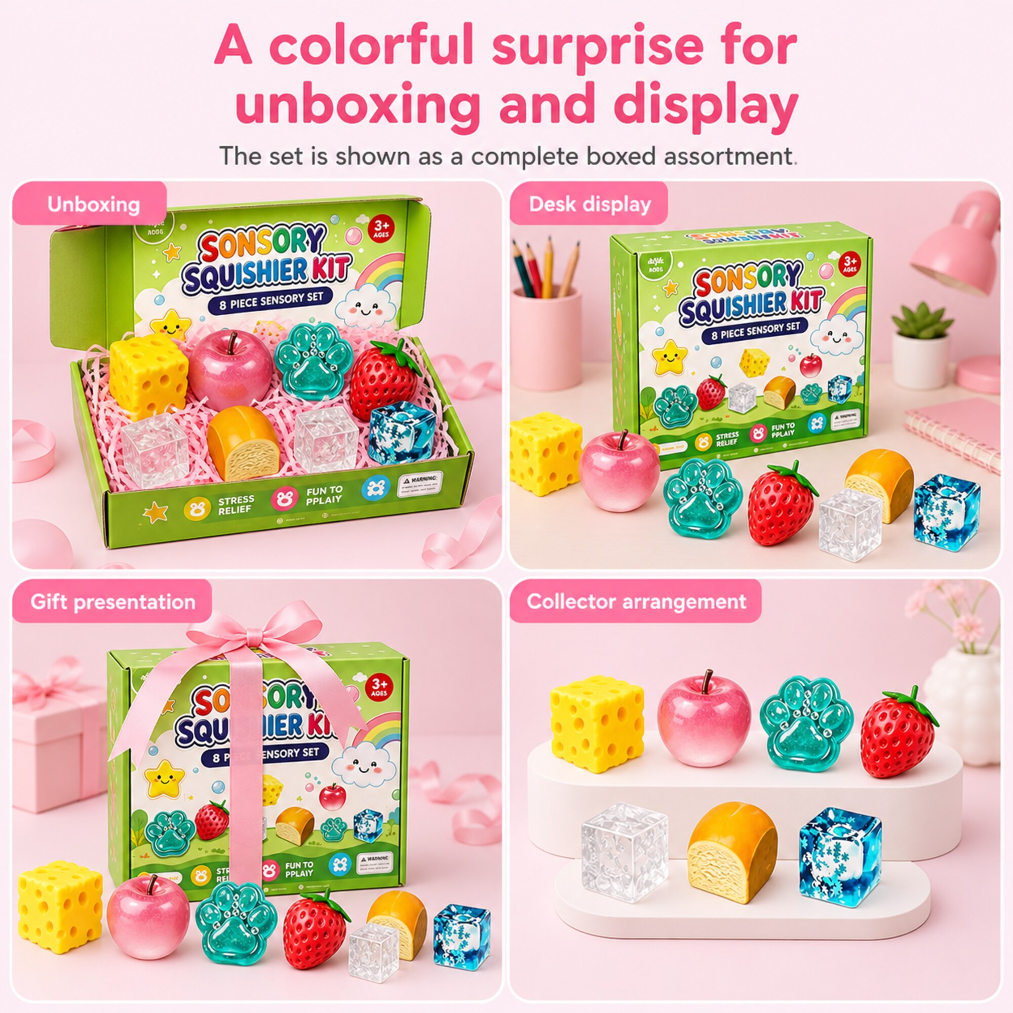 Green 8-piece sensory squishier kit with fruit, food, ice and paw shapes – image 6