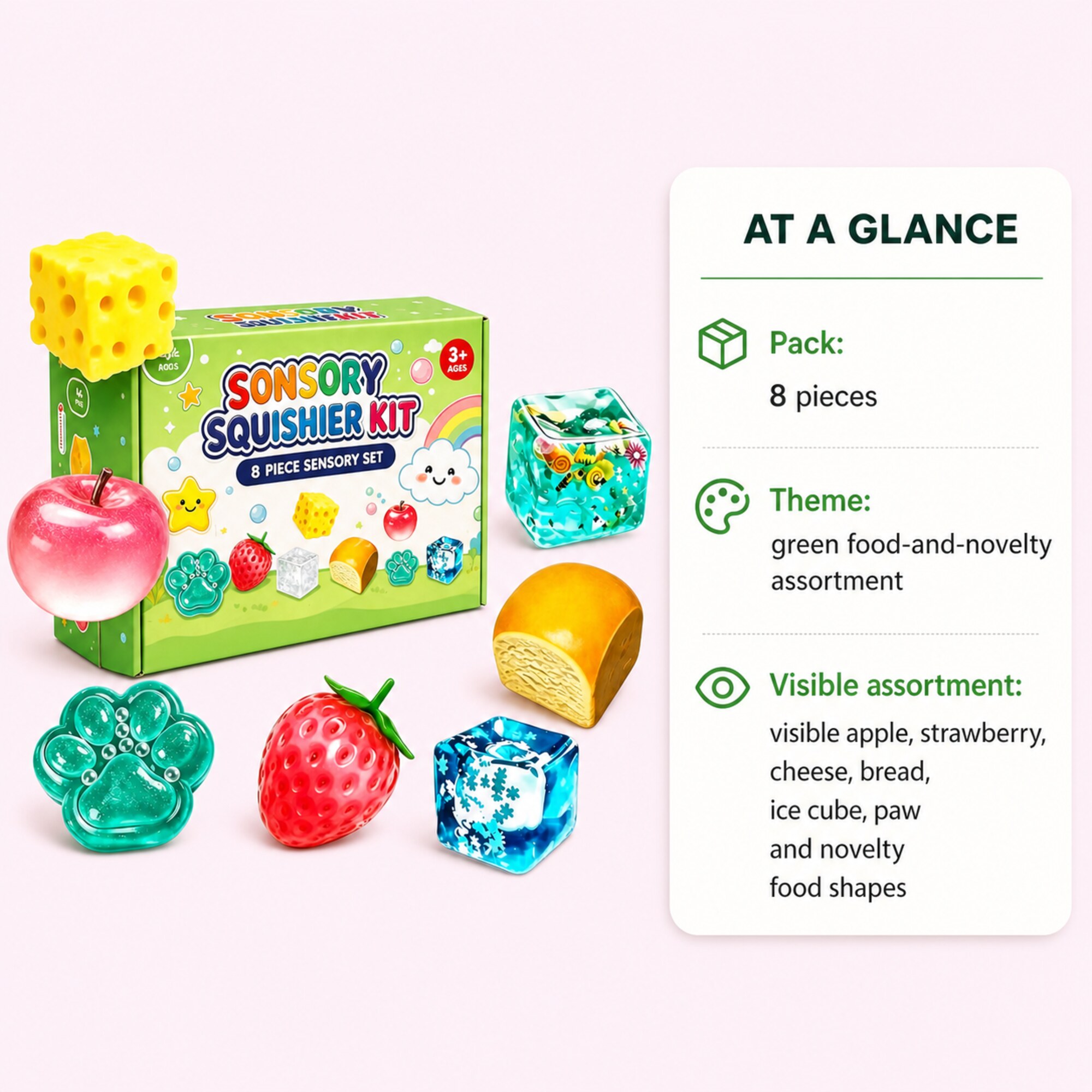 Green 8-piece sensory squishier kit with fruit, food, ice and paw shapes – image 7